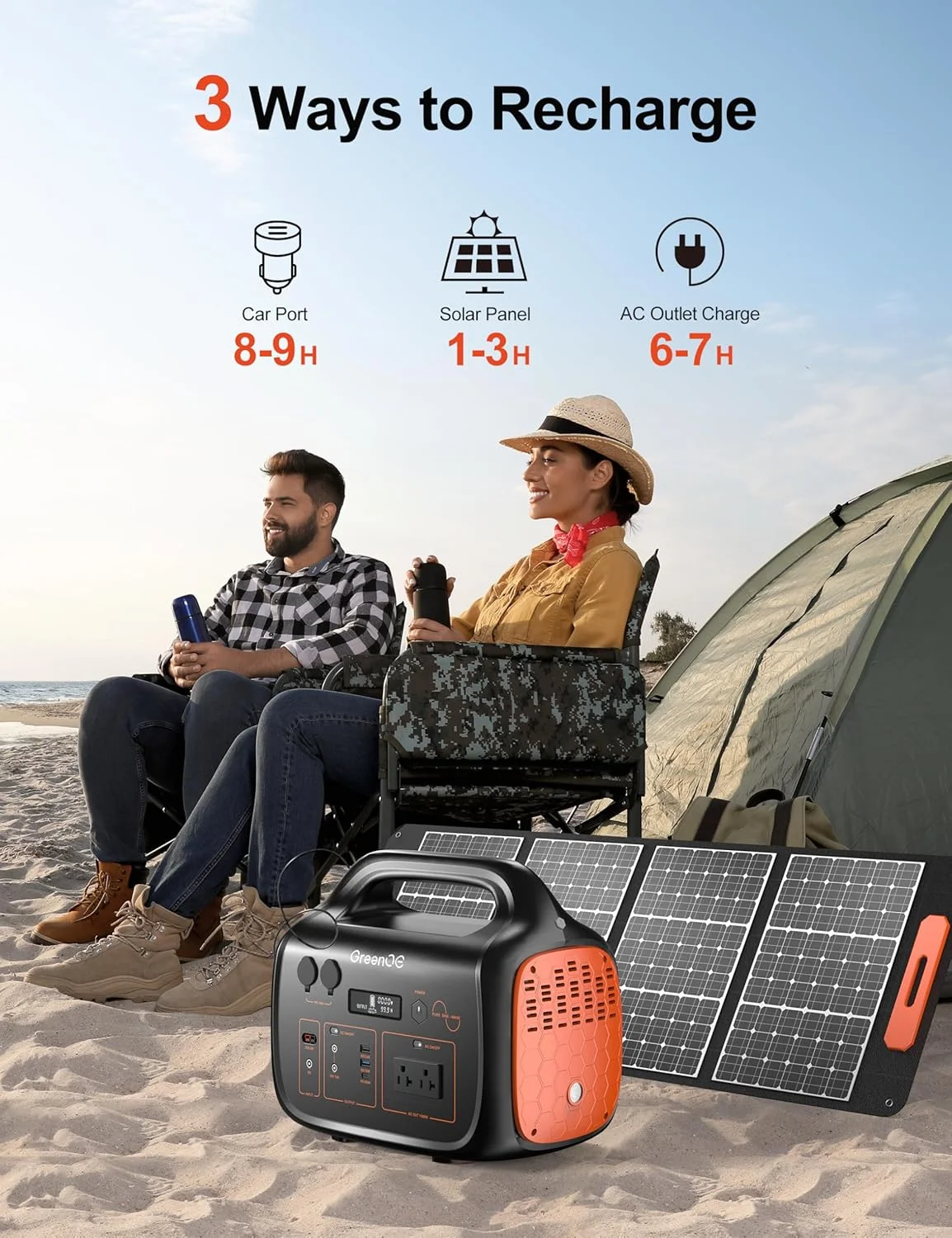 GreenOE Portable Power Station 1000W 1024Wh Solar Powered Generator with 100W Solar Panel, Camping Power Bank for Outdoors Travel Hunting Home Lithium Battery Backup - Image 6
