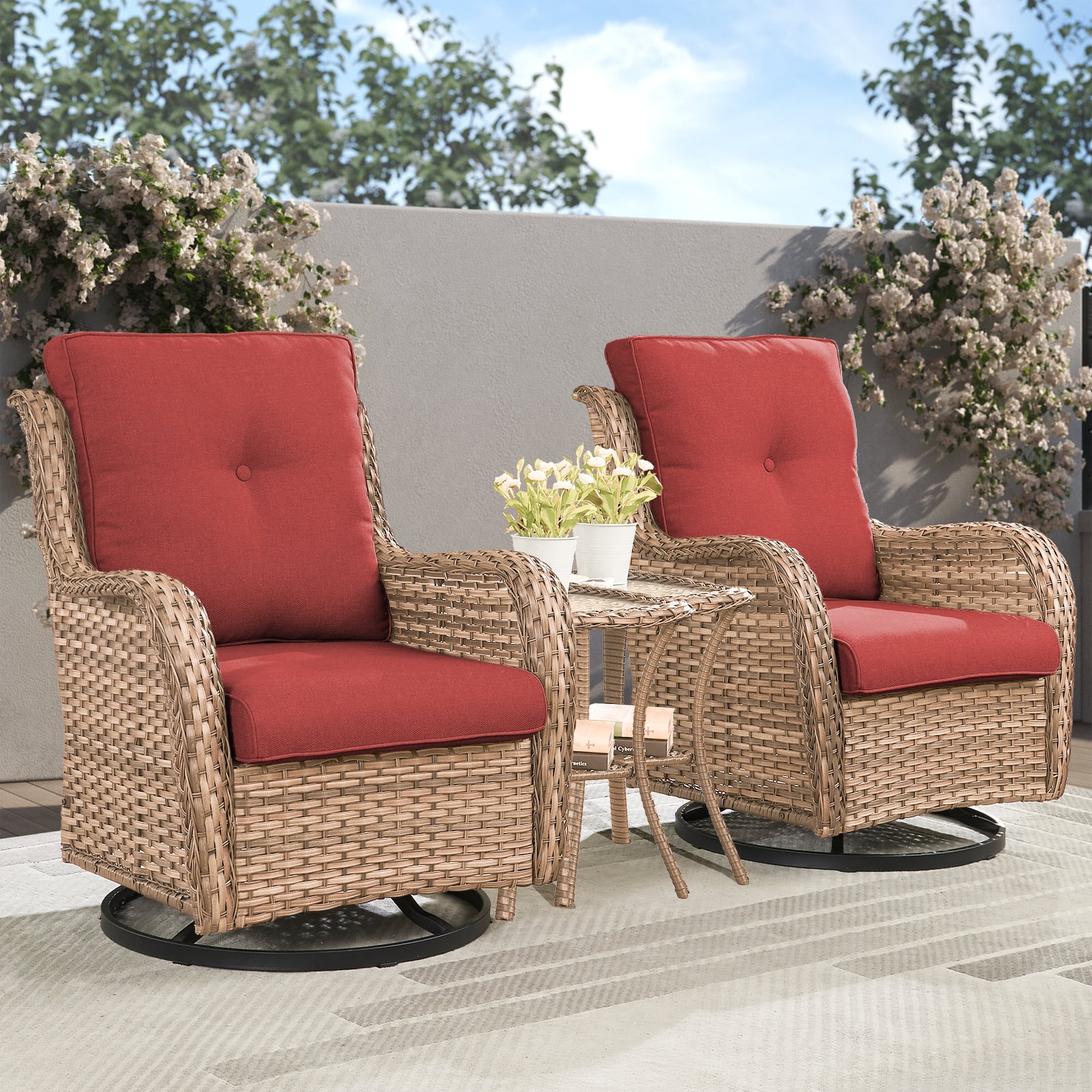 POCASSY 3 Piece Patio Set Outdoor Wicker Glider Rocking and Swivel Chairs with Cushions - Image 49