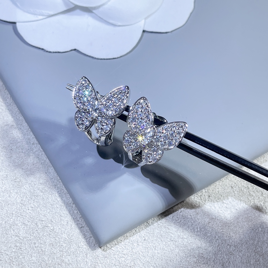 VCA Paved Diamond Silver Butterfly Earrings - Original Replica Club