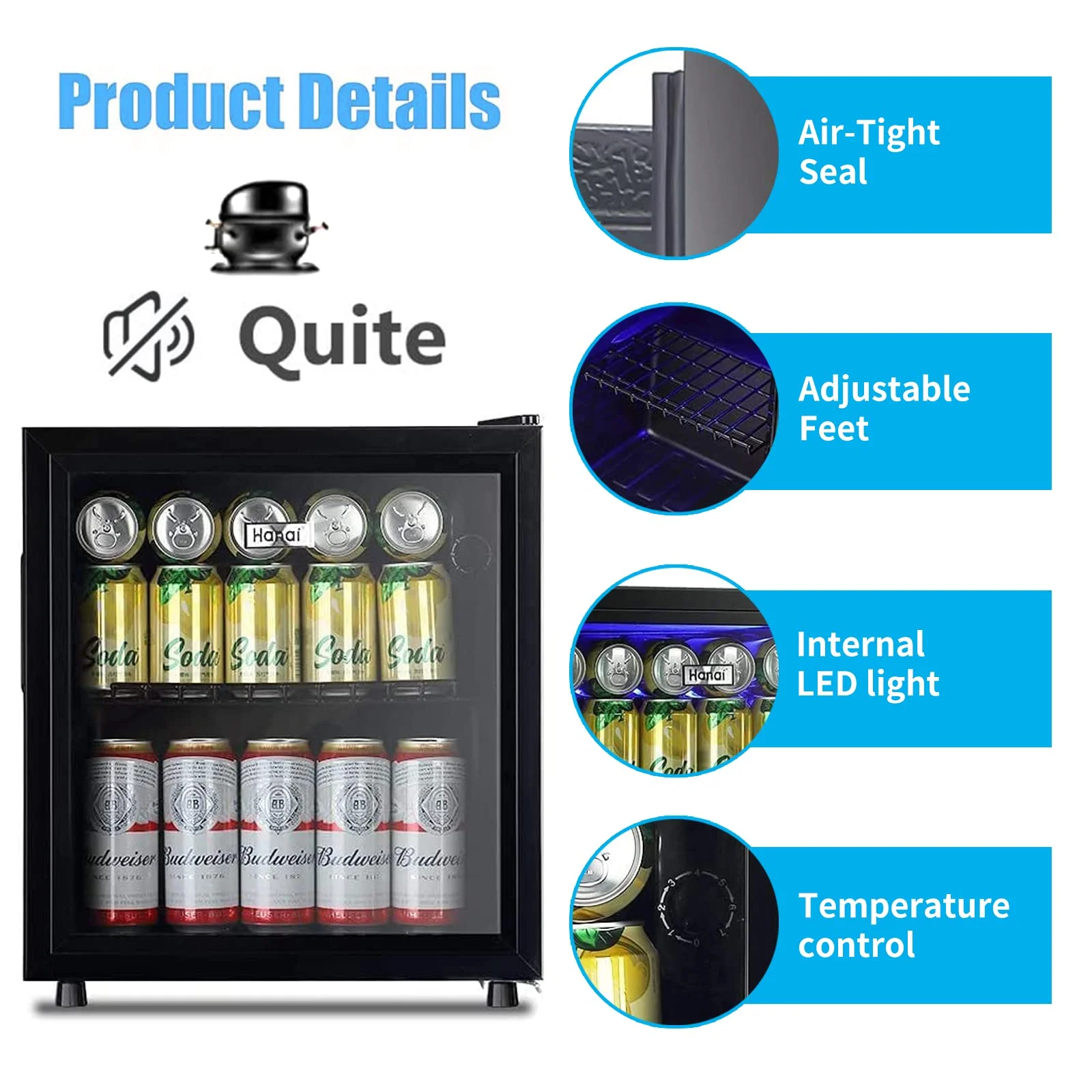 62-Can Beverage Cooler and Refrigerator, Small Mini Fridge for Home, Office or Bar with Glass Door and Adjustable Removable Shelves-Perfect for Soda Beer or Wine, Stainless Steel, 1.6 Cu.Ft. - Image 4