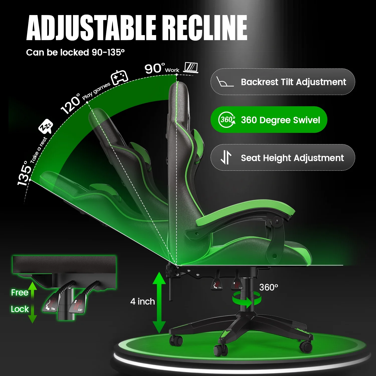 Bigzzia Gaming Chair Office Chair, Ergonomic Game Chair with Height Adjustable Headrest and Lumbar Support for Adults Teens, Black & White - Image 82