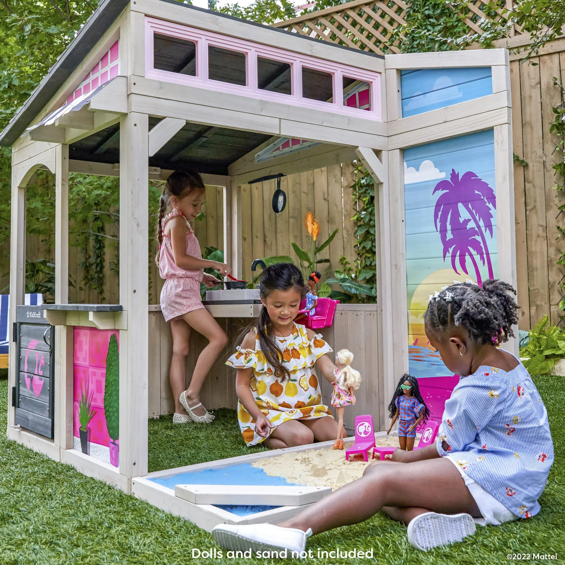 KidKraft Barbie™ Seaside Wooden Outdoor Playhouse with Attachable Doll Table and Chairs - Image 2
