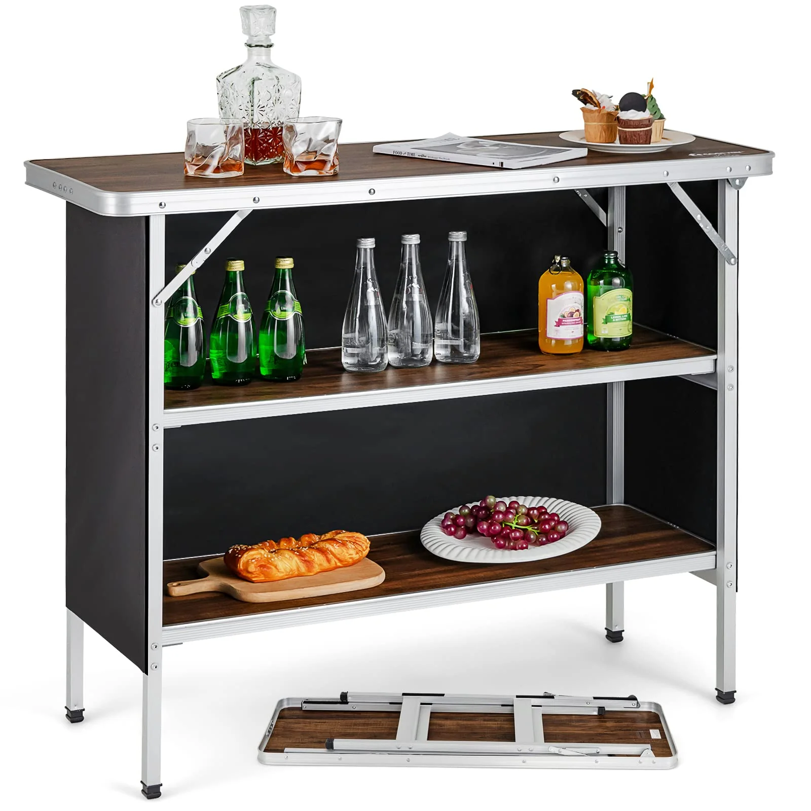 Folding Camping Table With 2-Tier Storage Shelves, Aluminum, 43.5 x 15 x 34.5 in Folding Camping Table With 2-Tier Storage Shelves, Aluminum, 43.5 x 15 x 34.5 in