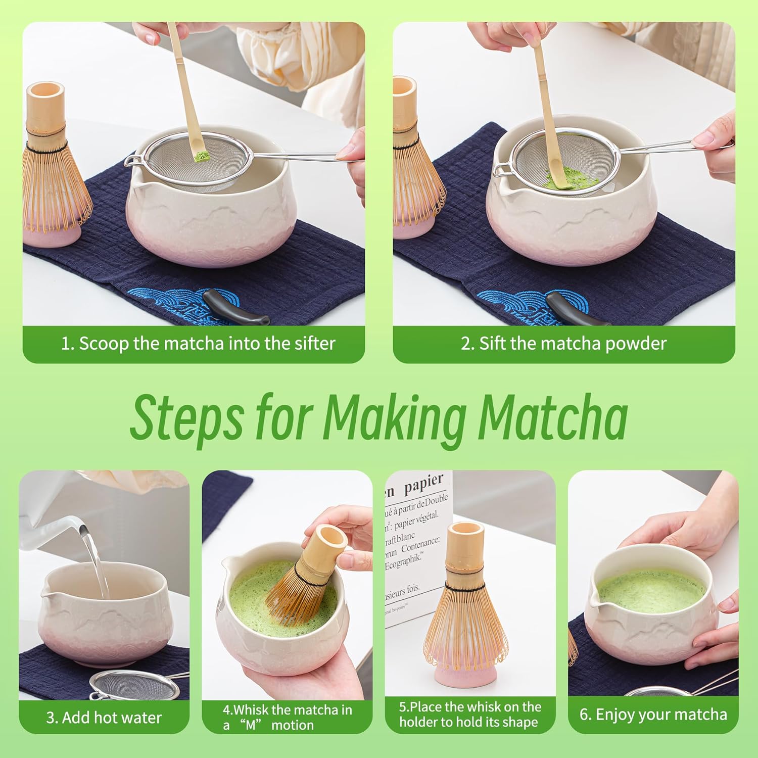 TEANAGOO 7 Pcs Matcha Whisk Set, Pink Matcha Set, Ceremony Matcha Powder Kit,Matcha Tea Set for Making Latte,Matcha Whisk Set and Bowl with Scoop&Sifter,Fuji Design Ceramic Bowl,Gift for Matcha Lovers