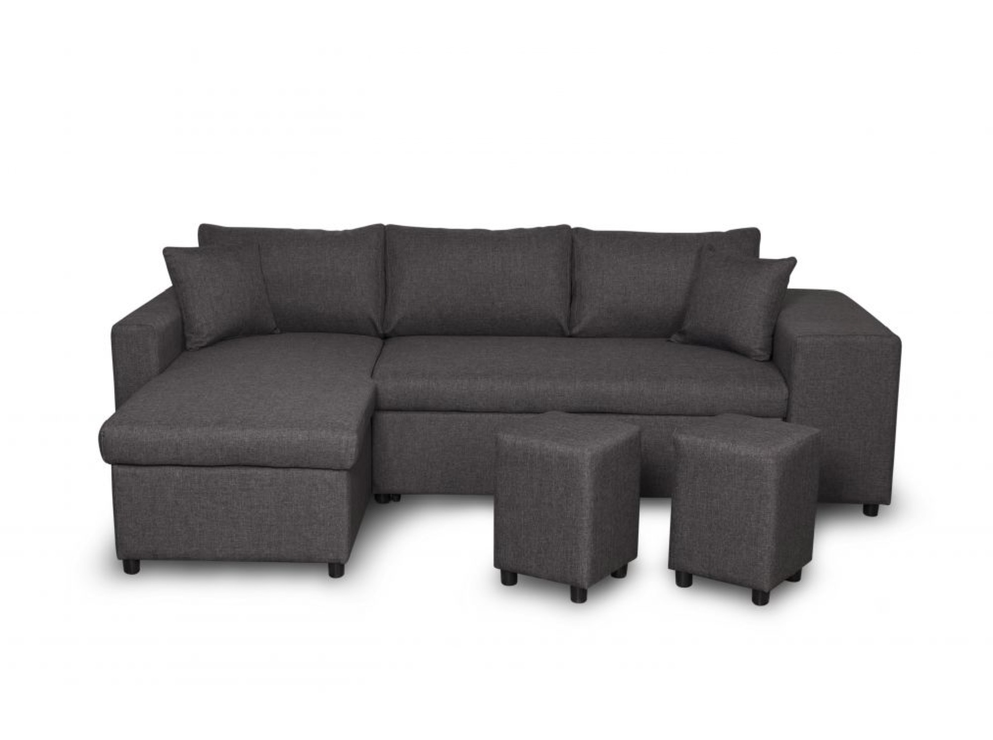 Sofá esquinero convertible con arcón y poufs en tela gris oscuro vd0969w1