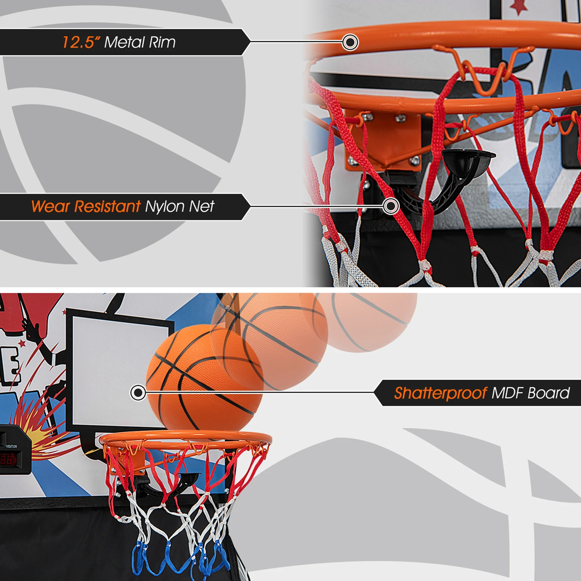 Costway Dual LED Electronic Shot Basketball Arcade Game with 8 Game Modes 4 Balls Foldable Grey - Image 14