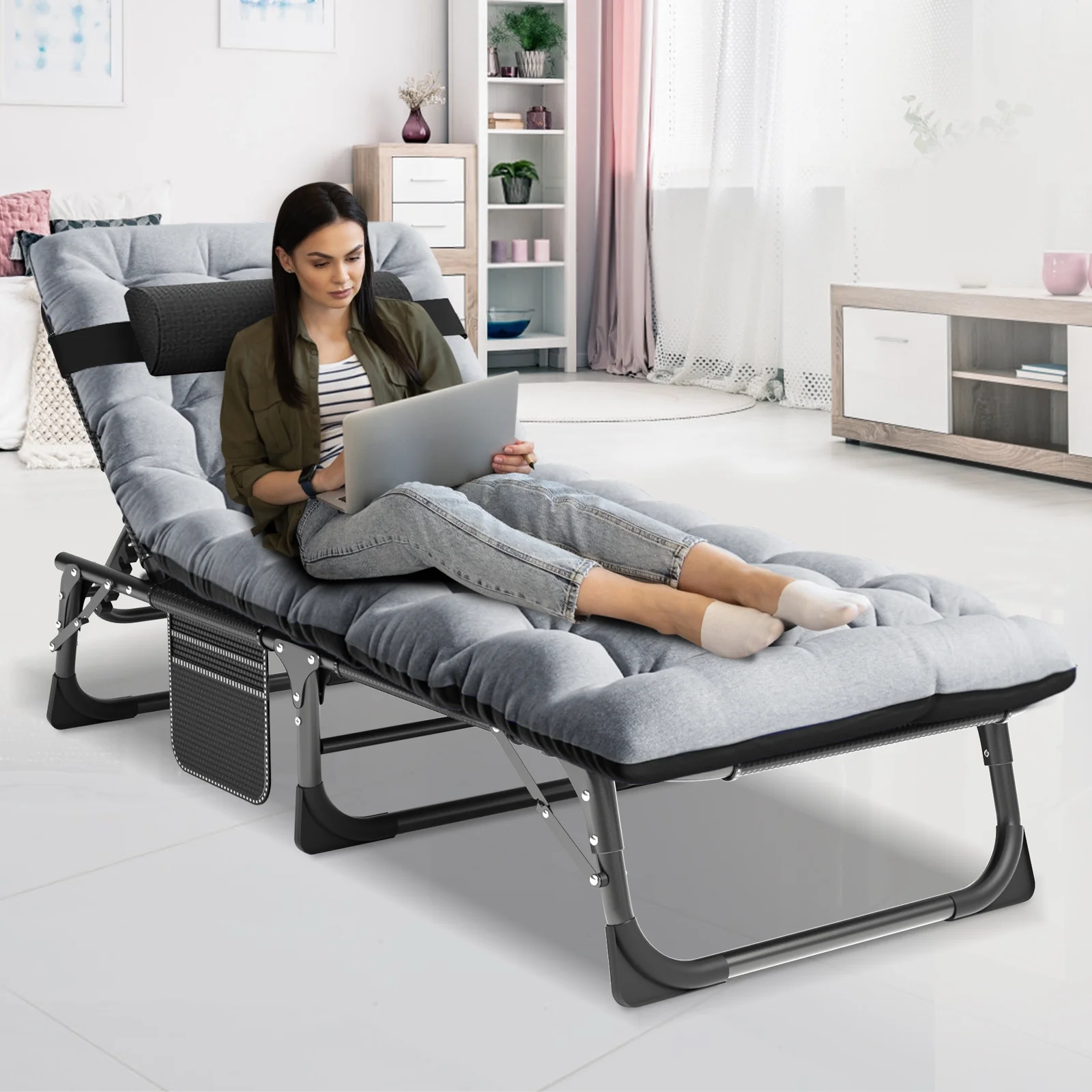MOPHOTO Lounge Chair with Mattress, Outdoor Chaise Lounge Support 440 Lbs, Adjustable Portable Heavy Duty Sleeping Cots Bed for Camping, Pool, Beach, Patio - Image 20