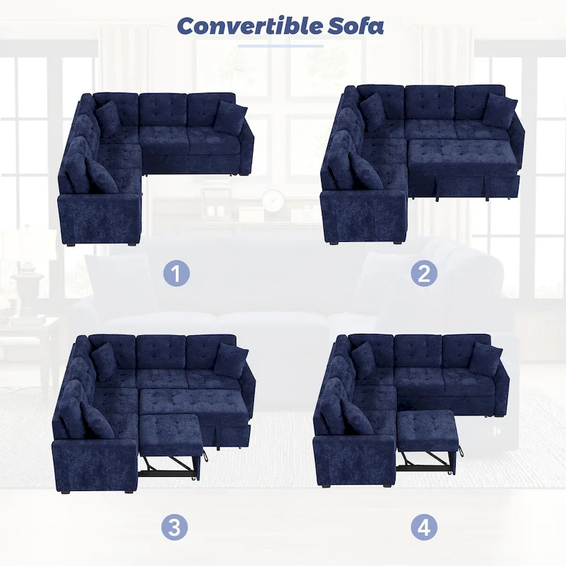 82.6-Inch L-Shaped Sleeper Sofa with Pull-Out Feature, Wheels, USB Ports, and Power Sockets - Dimensions: 82.6W x 82.6D x 33H