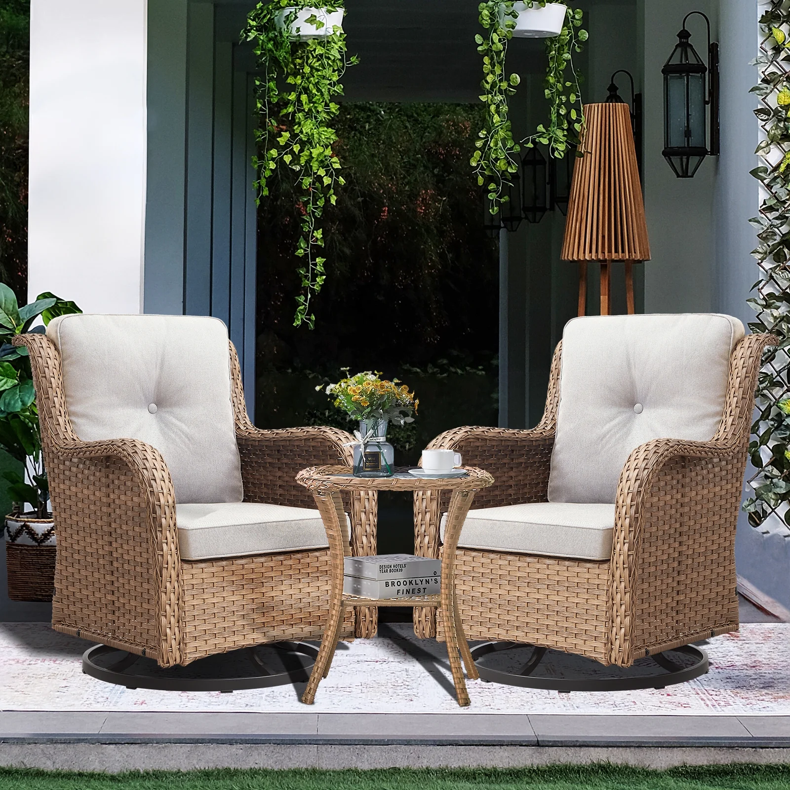 POCASSY 3 Piece Patio Set Outdoor Wicker Glider Rocking and Swivel Chairs with Cushions - Image 13