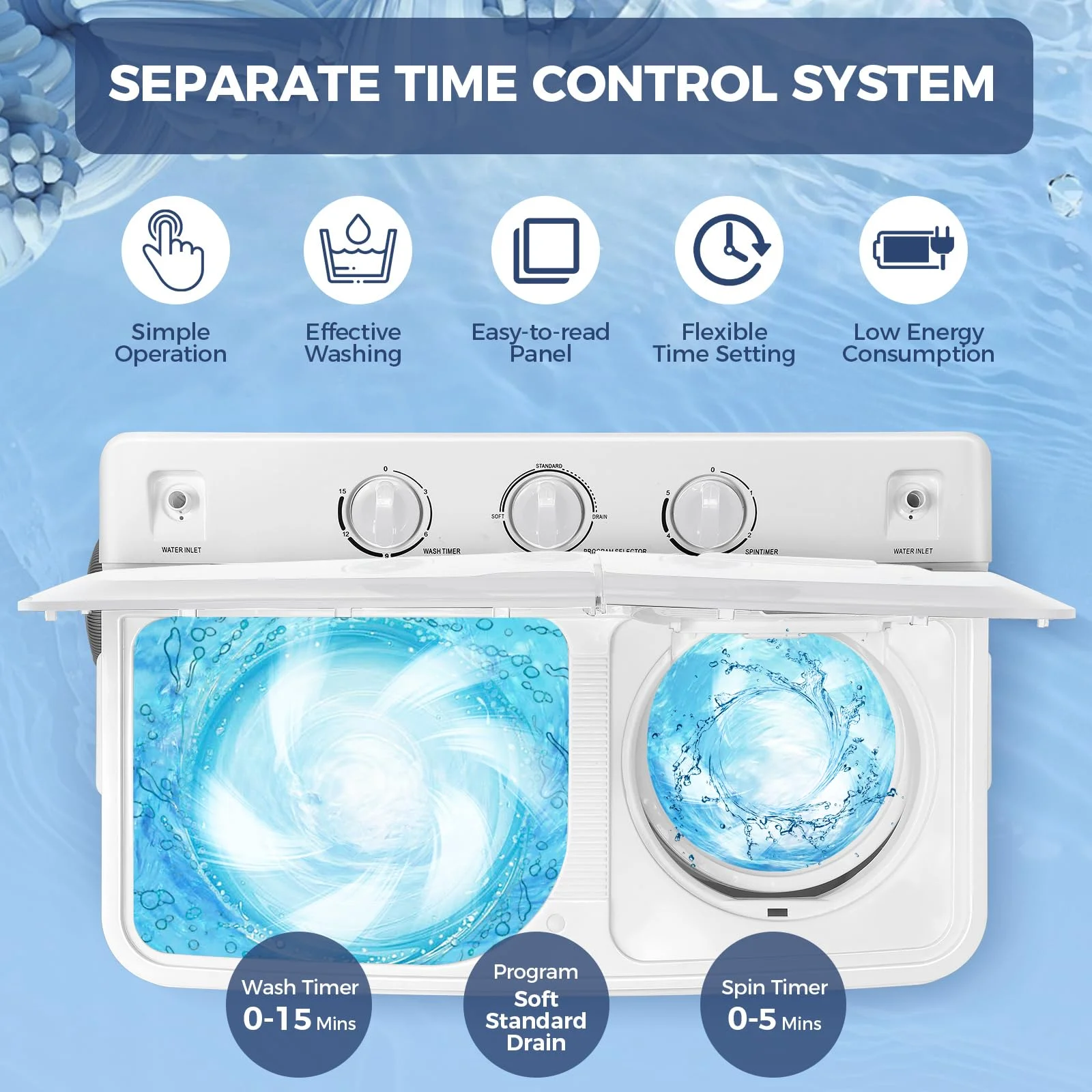 Qhomic Portable Washer 30lbs, 2-in-1 Twin Tub Washer & Dryer Combo Compact Semi-Automatic Washing Machine with Drain Pump, Black - Image 23