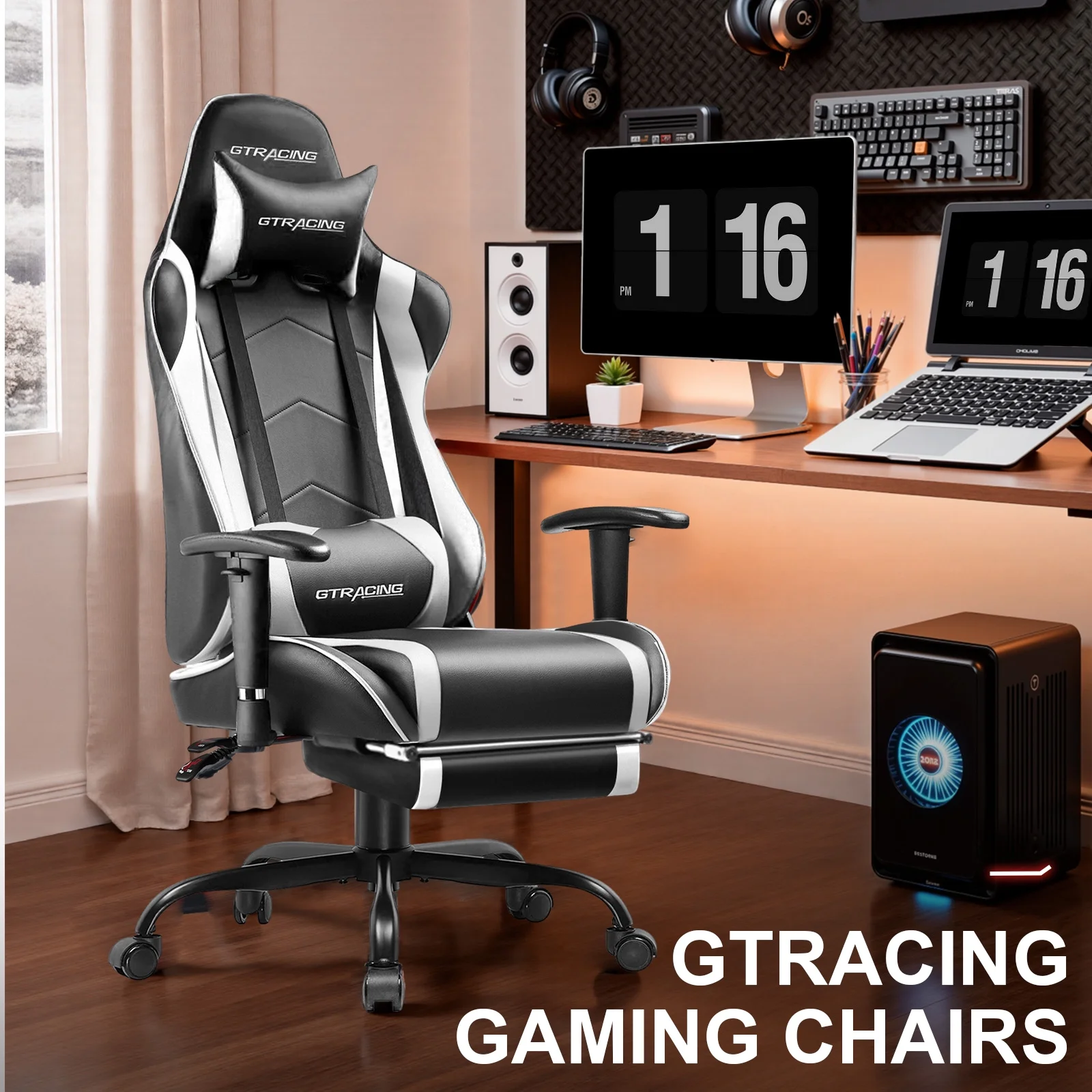 GTRACING Gaming Chair, Ergonomic Office Desk Chair with Lumbar Support, PU Leather, Footrest & Adjustable Headrest, Red - Image 38