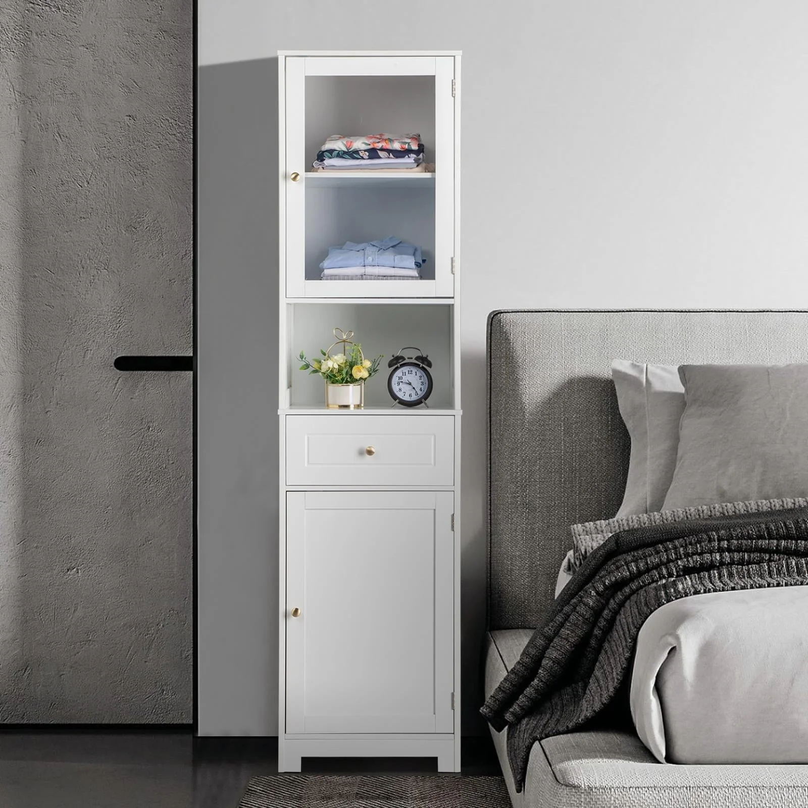 Ktaxon Large Bathroom Tall Storage Cabinet Organizer, Freestanding Line Tower Pantry Cabinet with Adjustable Shelves and 2 Cupboards for Kitchen Living Room Bedroom Office, 18"x13"x71", White - Image 9