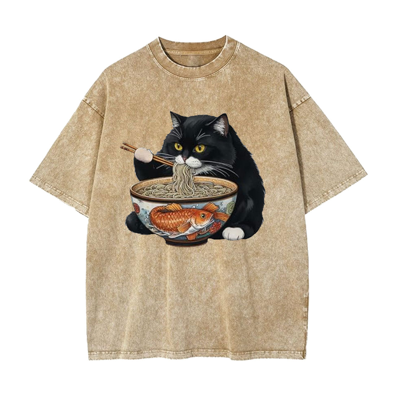 FAT CAT EATING RAMEN WASHED T-SHIRT