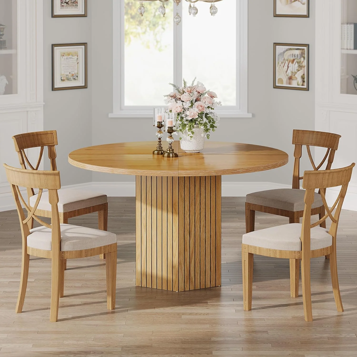 Tribesigns Round Dining Table for 4 People, 47 inch Kitchen Table with Heavy Duty Pedestal Base Circle Oak Tabletop for Kitchen Living Room, Oak - Image 2