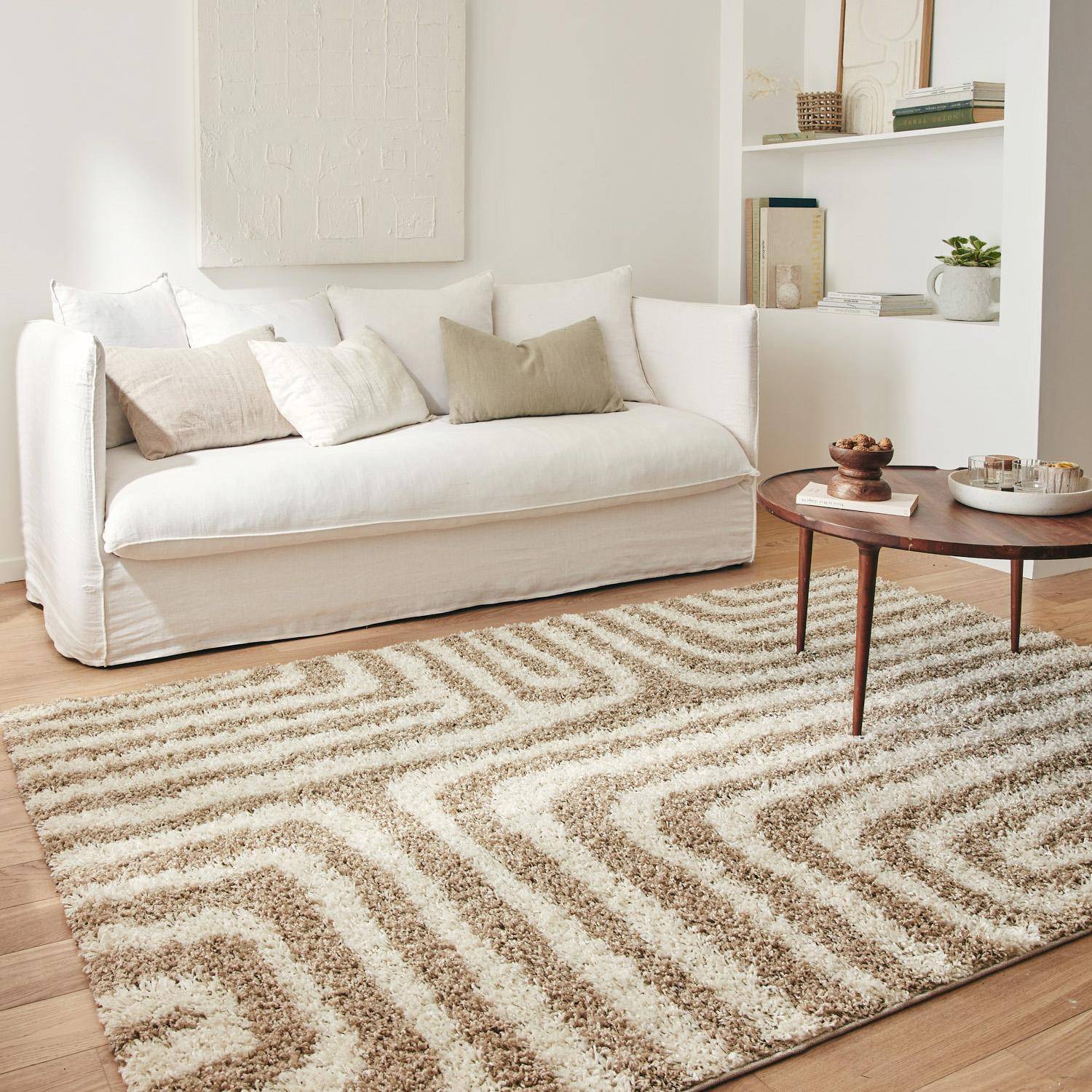 Queensy - Alfombra interior shaggy motivos geométricos beige