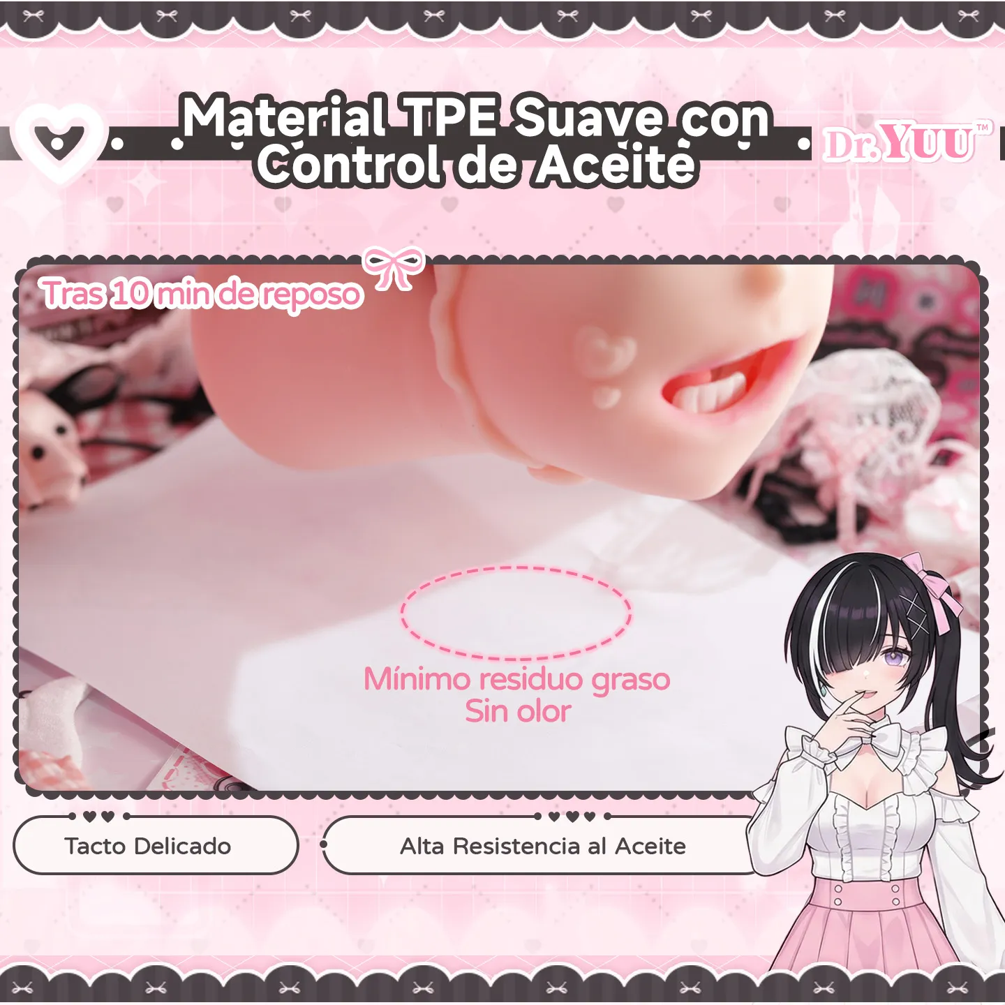 Prueba del material TPE suave del masturbador Dr.YUU, destacando su control de aceite, mínimo residuo graso y sin olor