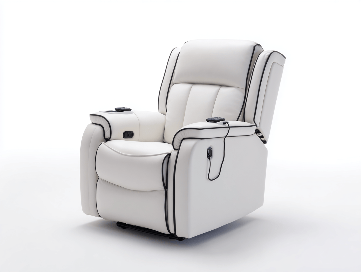 Sillón reclinable eléctrico de piel sintética blanca con ribete negro 100×95×110 cm – con masaje calefactable y portavasos – ergonómico