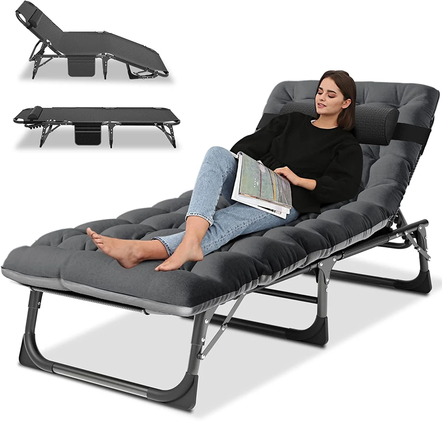 SLSY Folding Camping Cot with 2 Sided Cushion & Pillow, Adjustable 5-Position Outdoor Portable Folding Lounge Chair, Folding Sleeping Cots Bed - Image 5