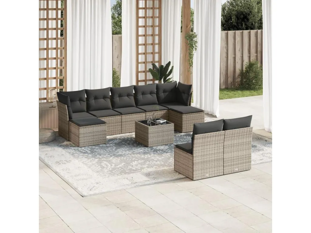 Set de sofás de jardín 10 pzas con cojines ratán sintético gris