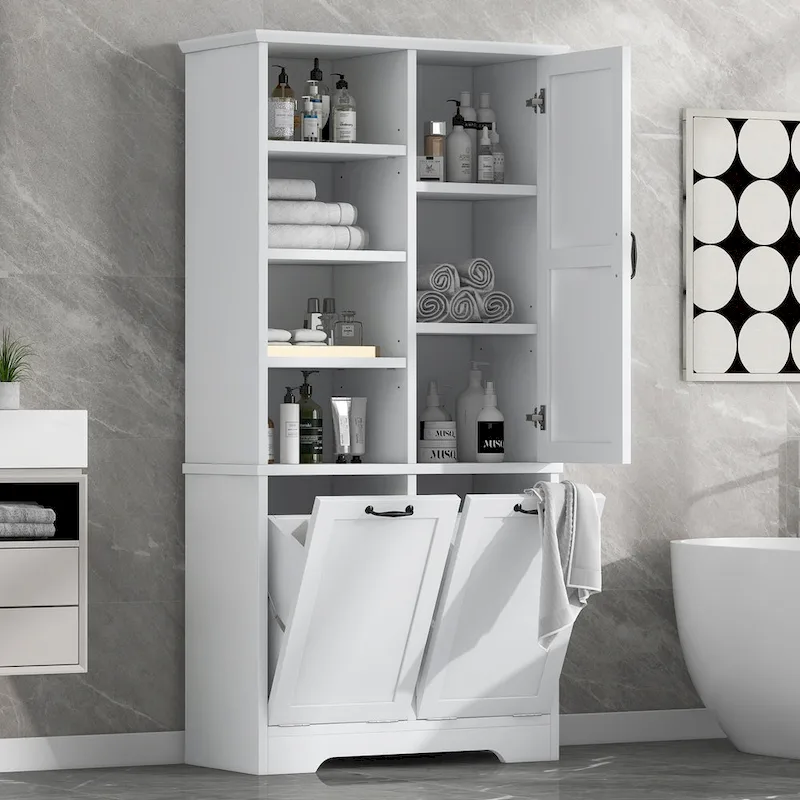 Multi-Functional Bathroom Storage Cabinet with Doors, Drawers, and Tilt-Out Laundry Hamper