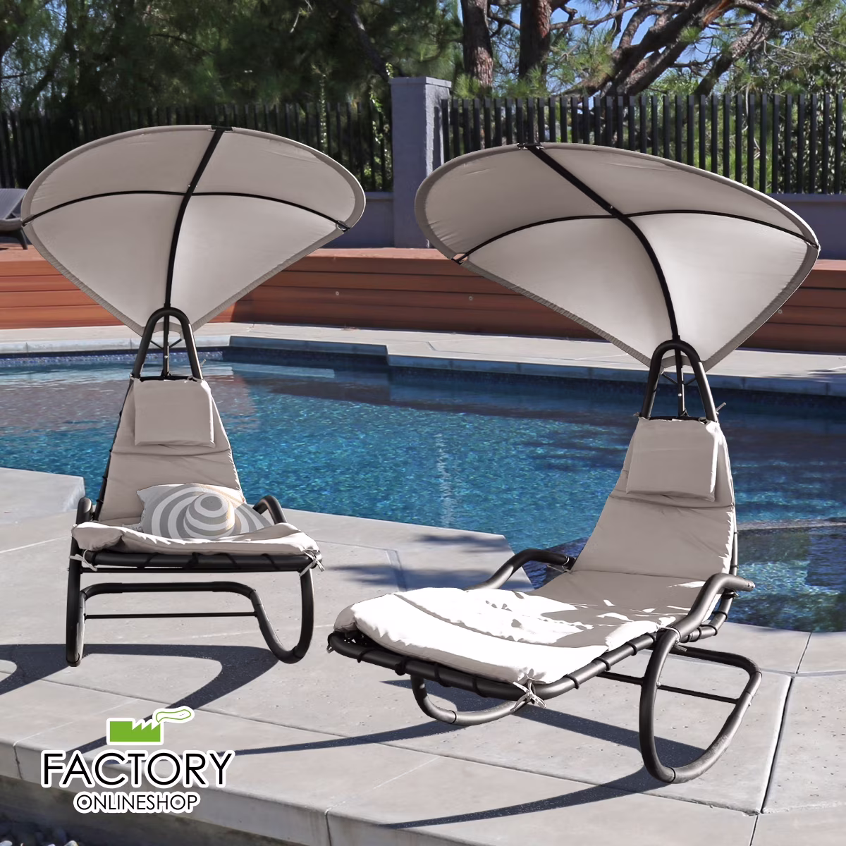 2X Rocking Hanging Lounge Chair - Curved Chaise Rocking Lounge Chair Swing For Backyard Patio w/ Built-in Pillow Removable Canopy with stand {Green} - Image 7