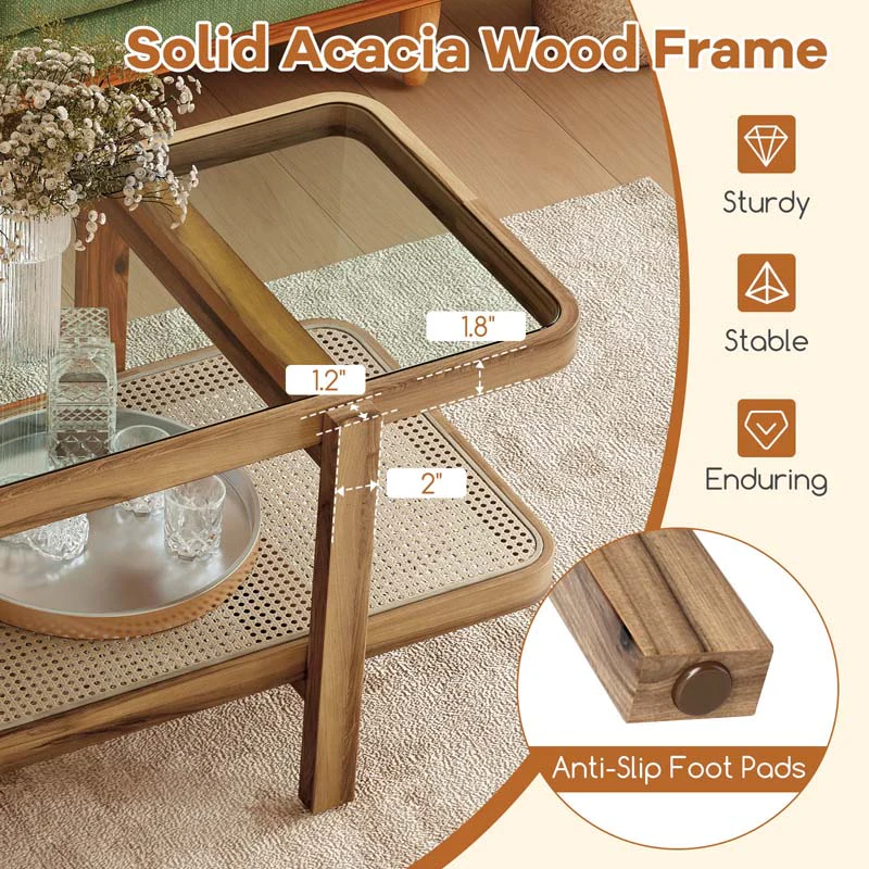 Eletriclife 2-Tier Coffee Table with Storage and Tempered Glass Tabletop