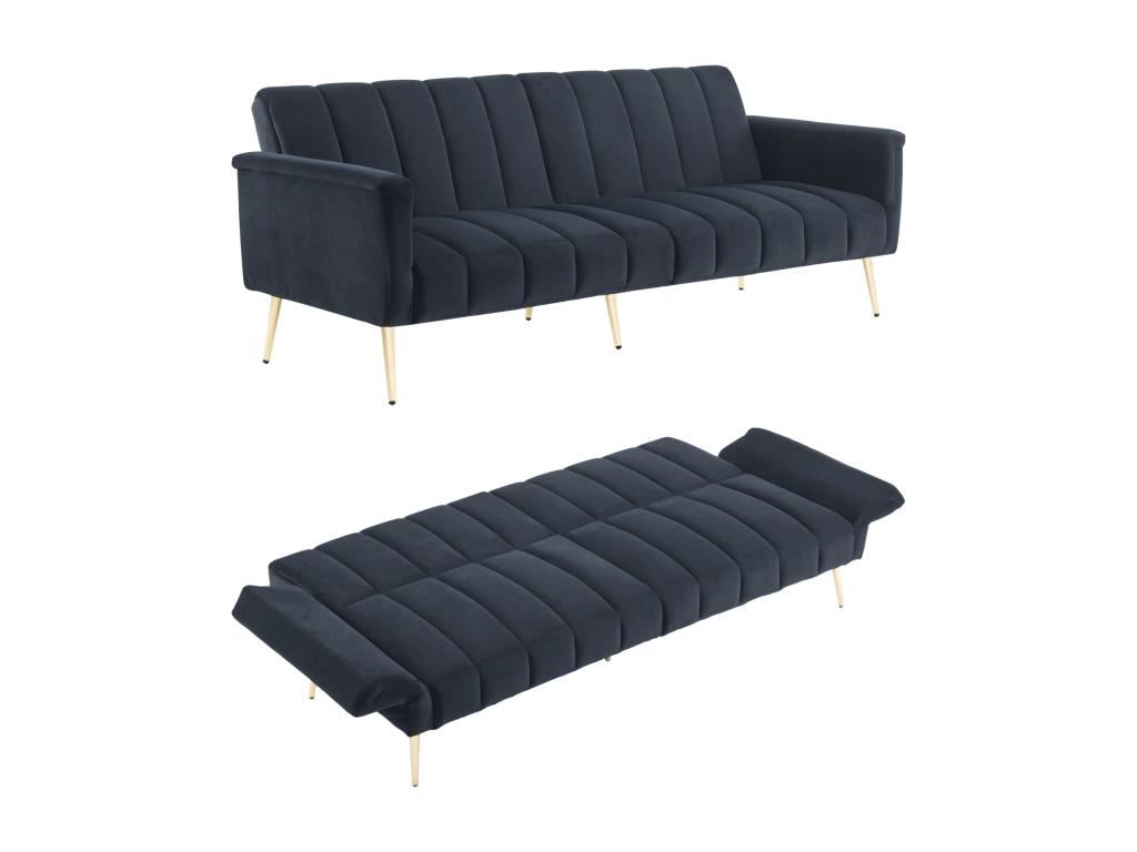 Sofá de 3 plazas en terciopelo negro - 3 en 1 - respaldo y reposabrazos regulables - 184 x 79 x 71 cm