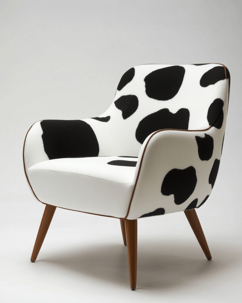 Sillón tapizado estampado vaca con patas de madera