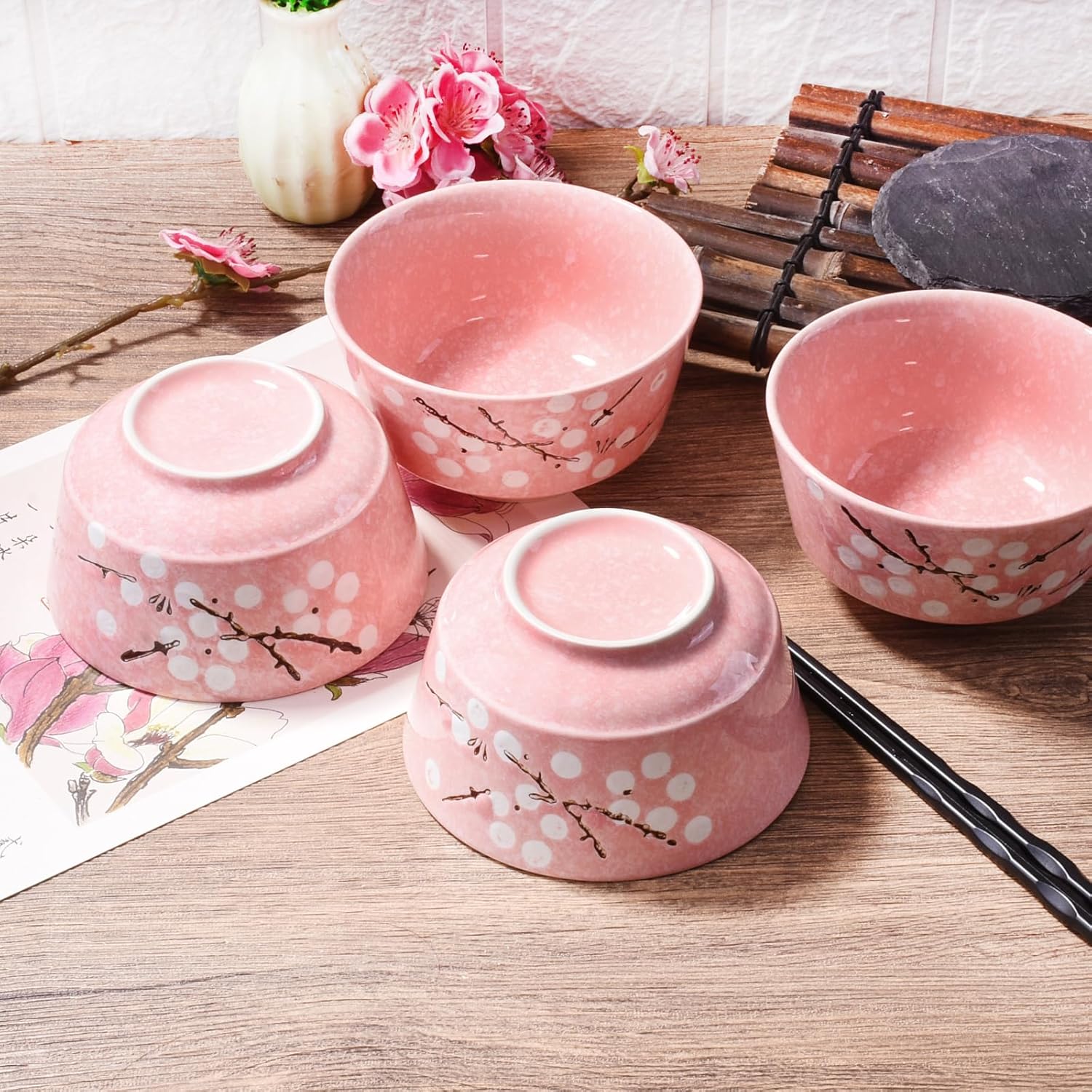 Pink Ceramic Rice Bowl Set of 4, 4.37 Inch Japanese Cherry Blossom Small Bowls for Kitchen, Floral Porcelain Bowls for Cereal, Dessert, Sushi Sauce & Snack