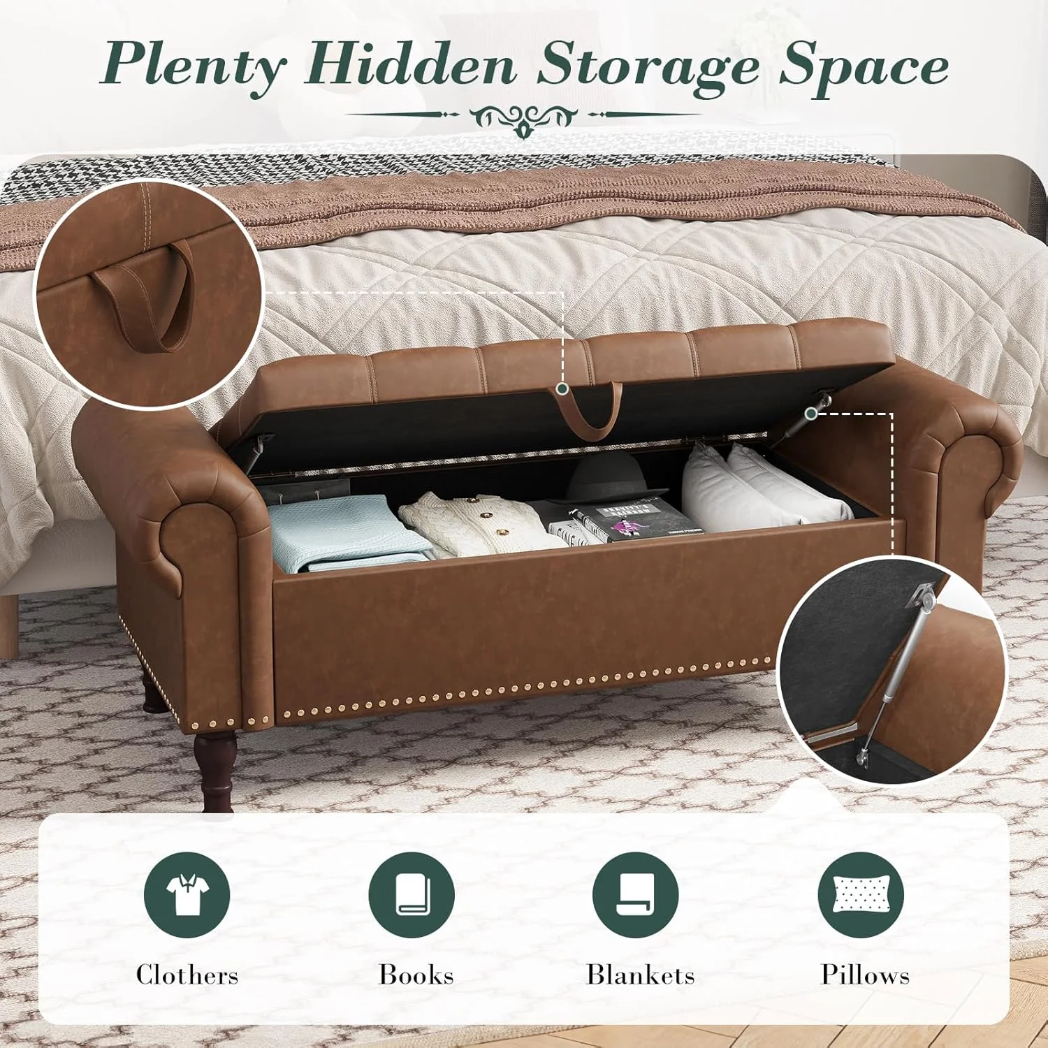 YOUDENOVA Storage Ottoman Bench for Bedroom 51" Queen Leather Storage Bench with Button, Upholstered Bedroom Bench with Rolled Arms for Living Room, Storage Room, Entryway, Gray - Image 23