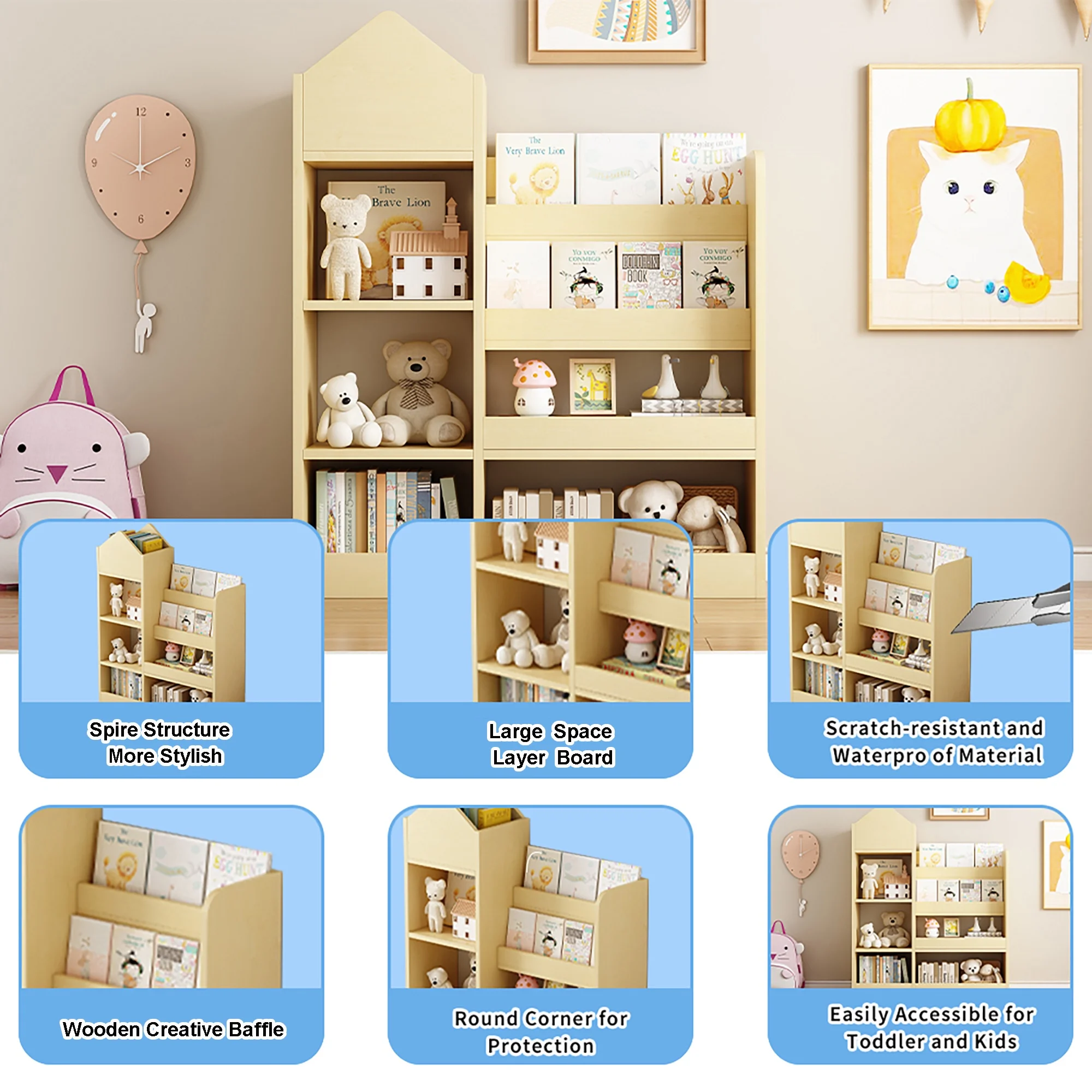 PAPROOS Kids Bookshelf, Wooden Kids Bookcase with Toy Storage Organizer Cabinet, Children Multi Shelf Cubby for Classroom, Kids Bedroom, Nursery, Wood - Image 2