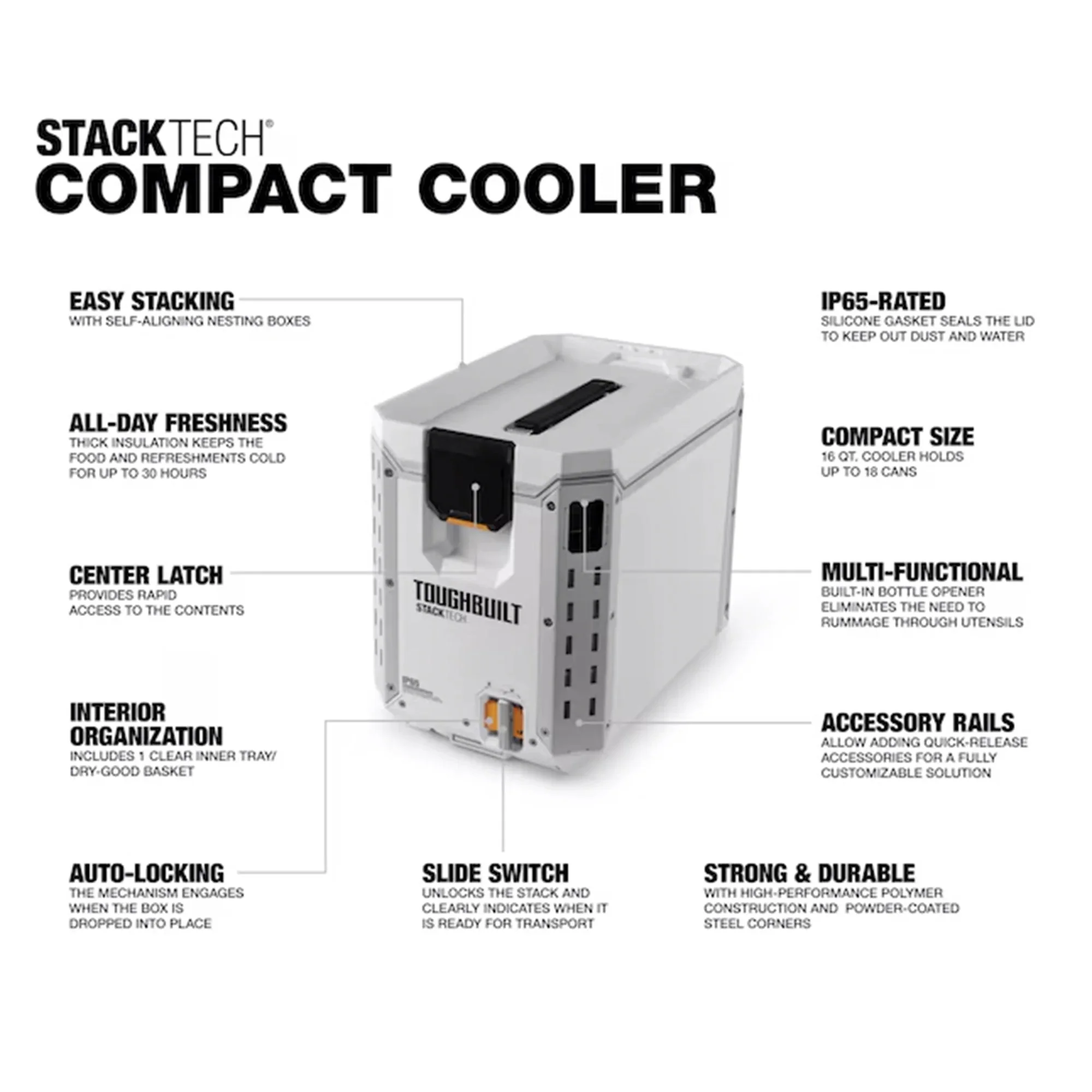 ToughBuilt StackTech Compact Cooler 16 Quart Hard Shell Ice Chest, White - Image 3 ToughBuilt StackTech Compact Cooler 16 Quart Hard Shell Ice Chest, White - Image 3