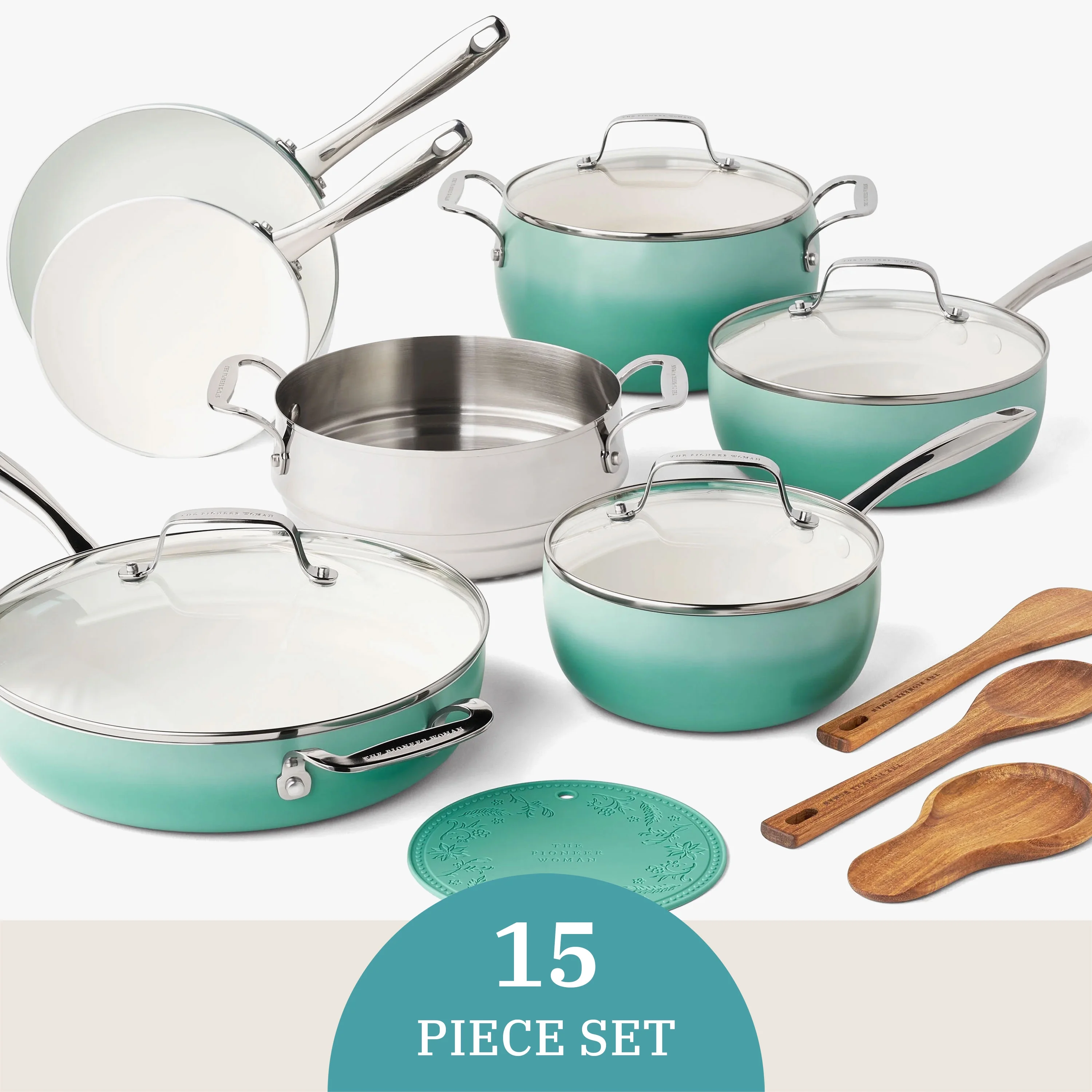 The Pioneer Woman Harlow 15-Piece Cookware Set, Ceramic Non-Stick Pots and Pans Set, Taupe - Image 26