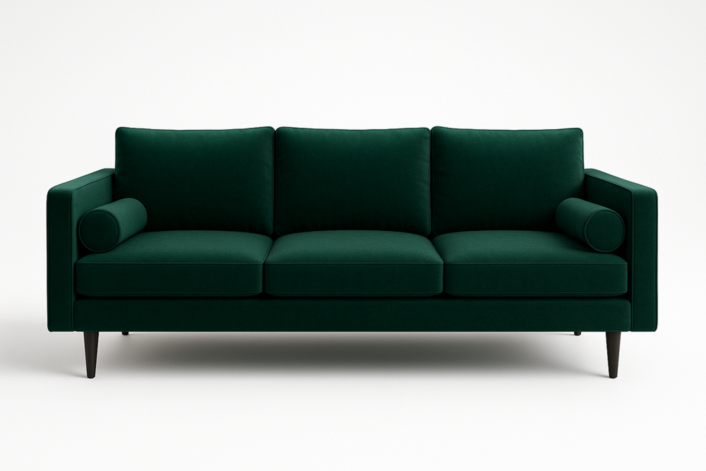 Sofá de 3 Plazas Verde Oscuro 210x85x90 cm, Tapizado en Terciopelo, Asiento 46 cm, Incluye 2 Cojines Cilíndricos