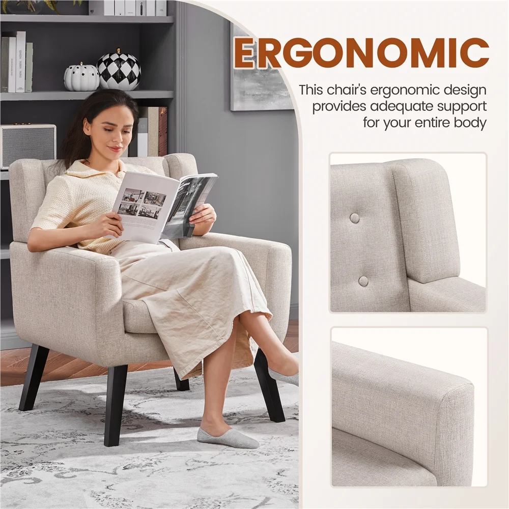 Topeakmart 2PCS Modern Upholstered Accent Armchair with Solid Wood Legs for Living Room, Beige - Image 2