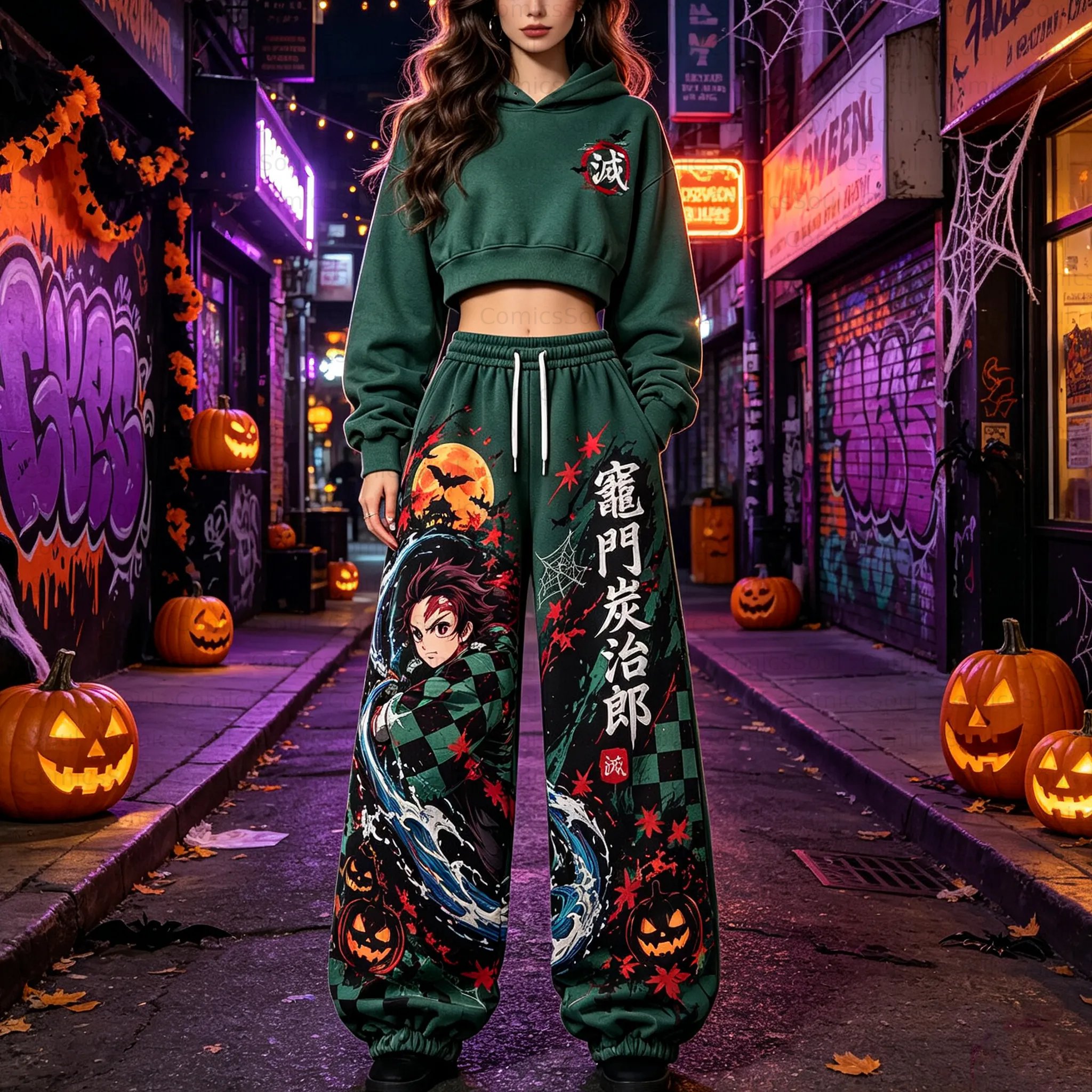 Demon Slayer Cropped Long Sleeve Hoodie & High Waist Jogger Pants Two Piece TeeThreads Sustain the Scene with Custom Apparel