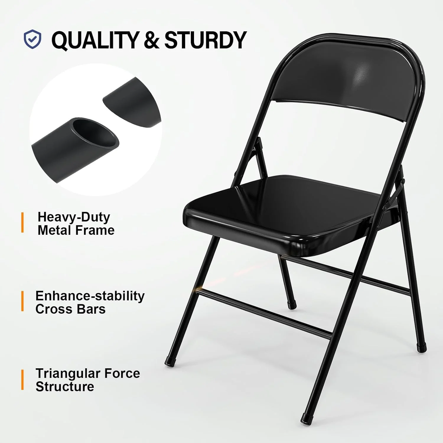 VINGLI Folding Chairs All Steel Metal Frame, Capacity 350 lbs, Durable Portable and Versatile for Indoor Outdoor Use, Black, Set of 8 - Image 12