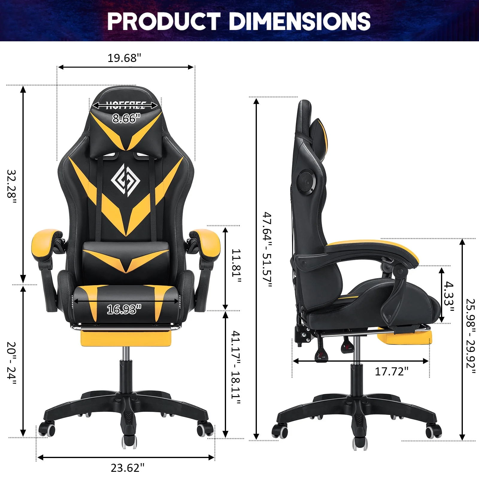 Hoffree Gaming Chair with Speakers PU Leather Office Chair with Footrest and LED Lights Ergonomic Gamer Chair with Massage Lumbar Support and Headrest Adjustable Swivel for Home Office 300lb - Image 35
