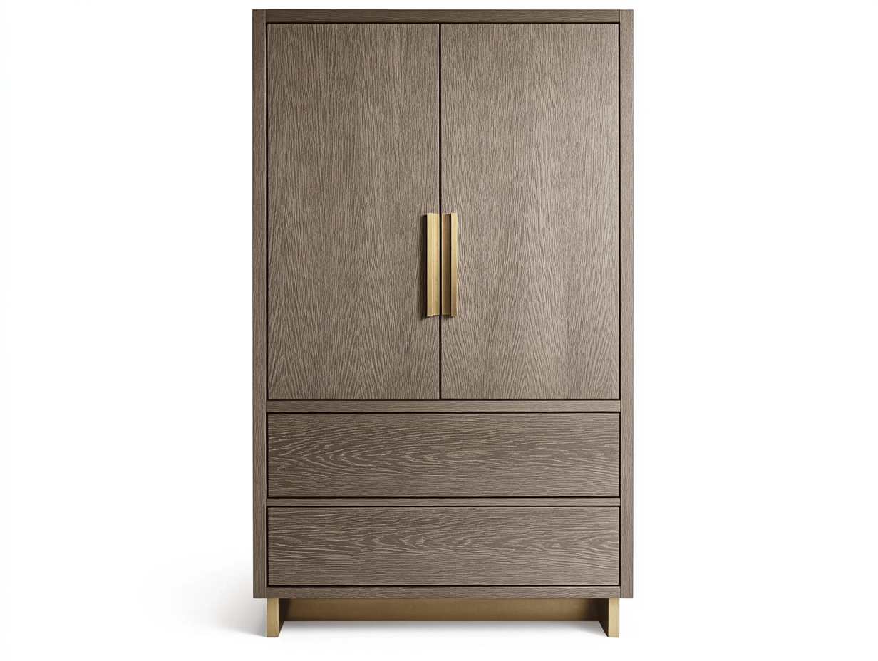 Armario alto moderno de madera con puertas dobles y tres cajones inferiores