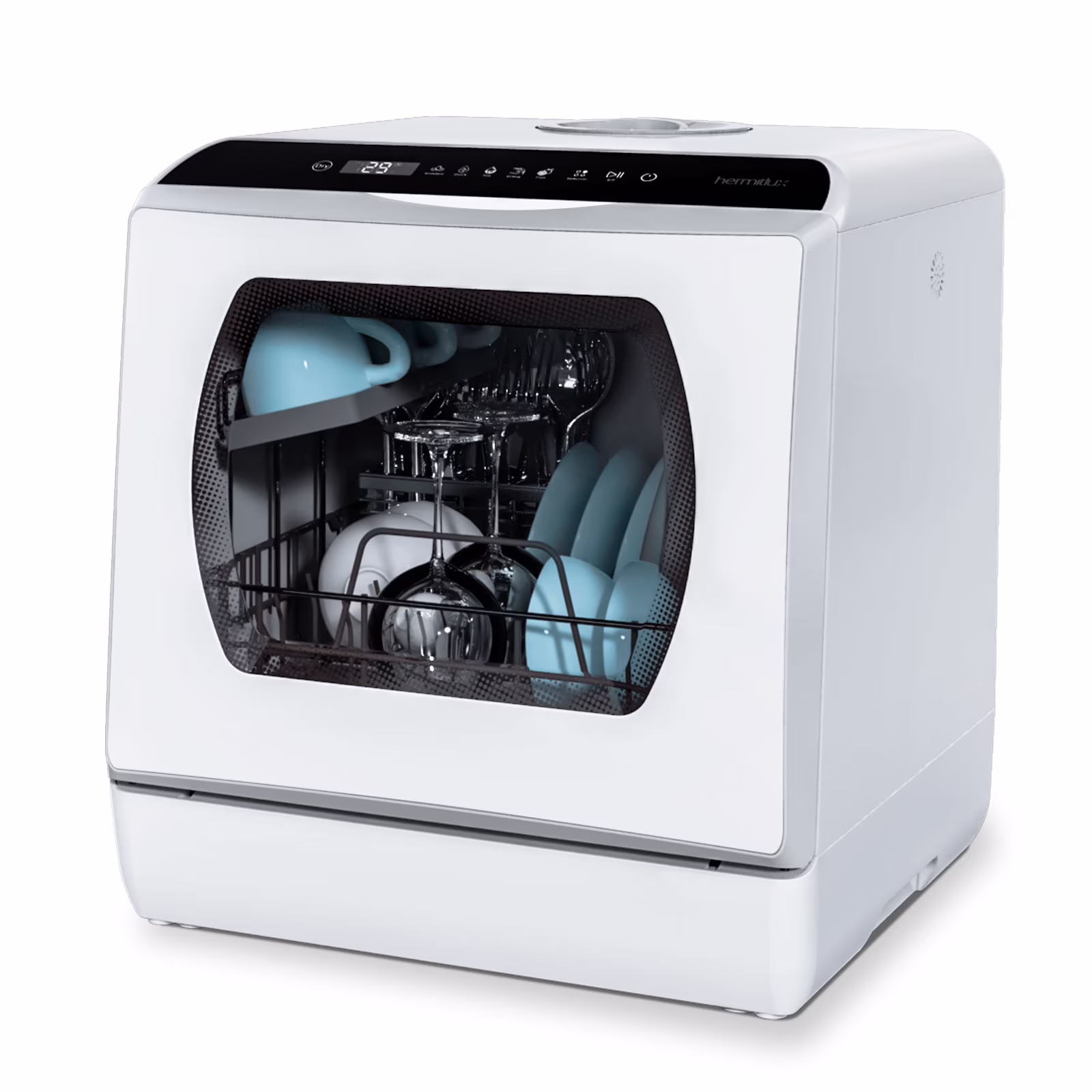 Hermitlux Portable Countertop Dishwasher, 5 Washing Programs, 5 L Built - in Water Tank and Air - Dry Function, HMX - DW03(Black Glass Door 10 Functions)