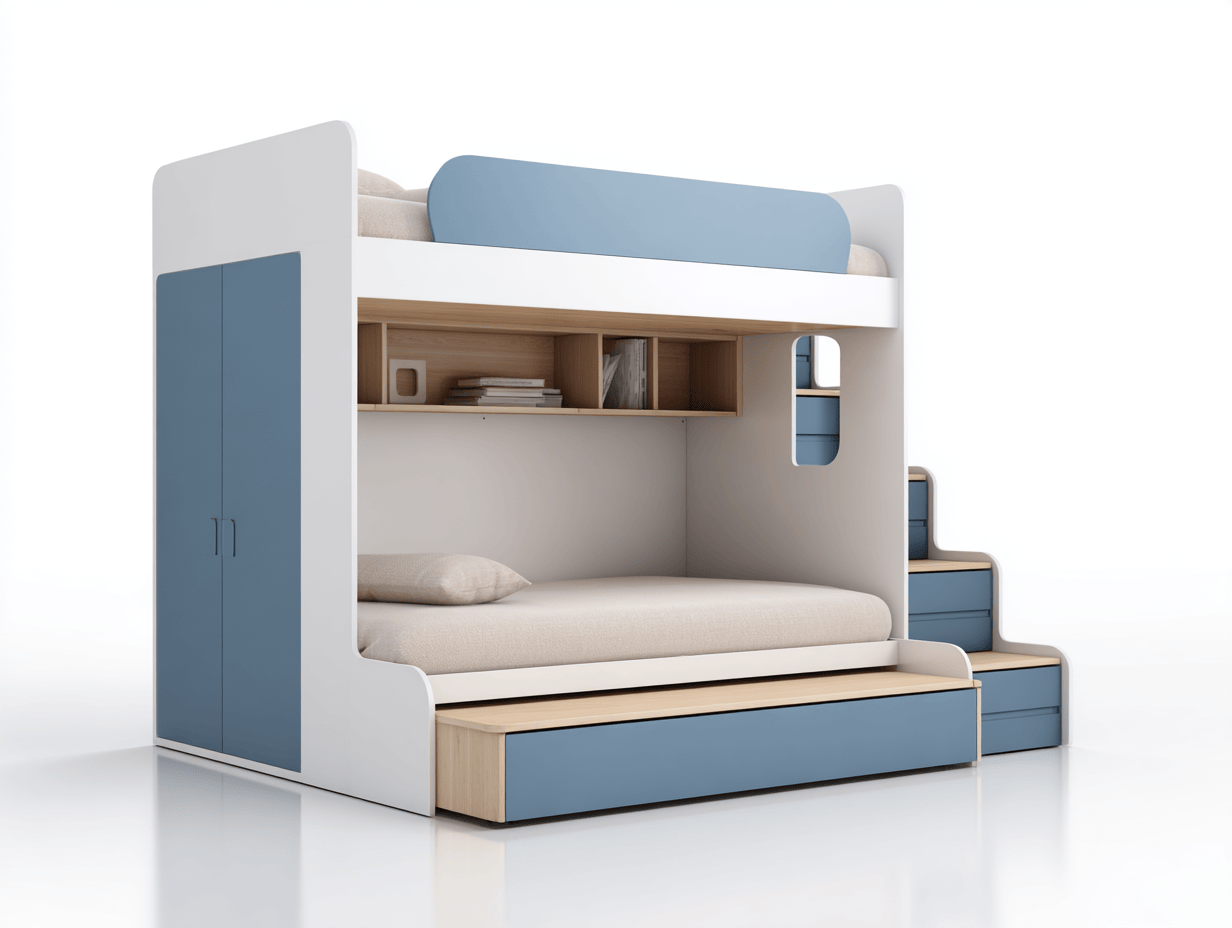 Litera infantil con armario y cama nido 250×110×180 cm – madera lacada blanca y azul – con escalera de cajones y estantes integrados