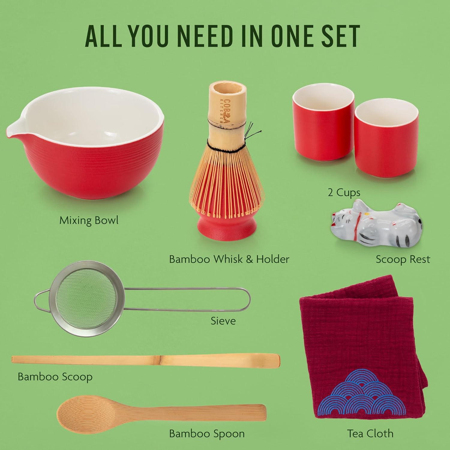Lucky Red Matcha Tea Set – Japanese Matcha Kit with Bamboo Whisk, Sieve, Scoop, Cups & Ceramic Bowl – Red Matcha Ceremonial Set – Authentic Gift Set & Accessories for Smooth, Frothy Tea. 2 cups
