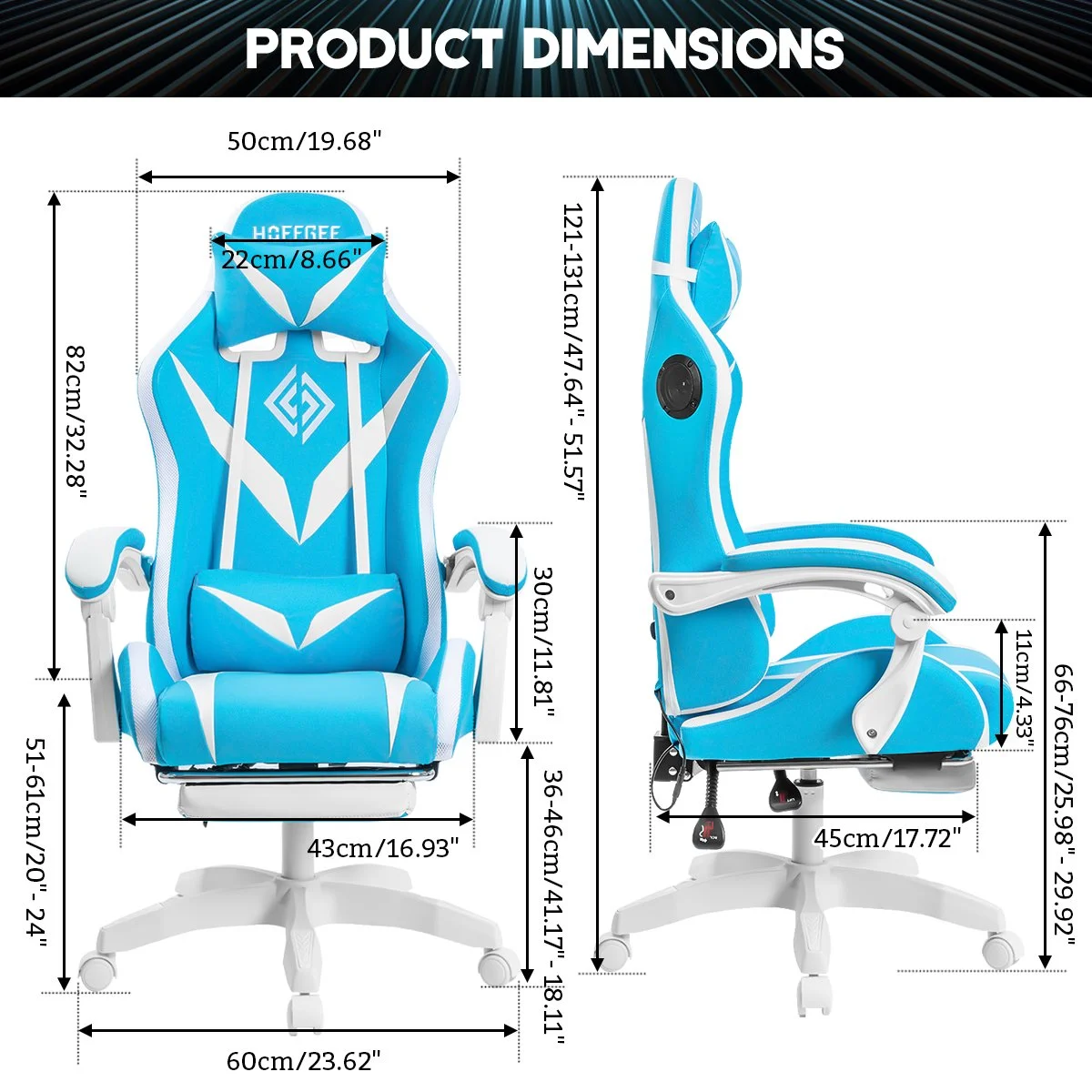 Hoffree Gaming Chair with Speakers PU Leather Office Chair with Footrest and LED Lights Ergonomic Gamer Chair with Massage Lumbar Support and Headrest Adjustable Swivel for Home Office 300lb - Image 27