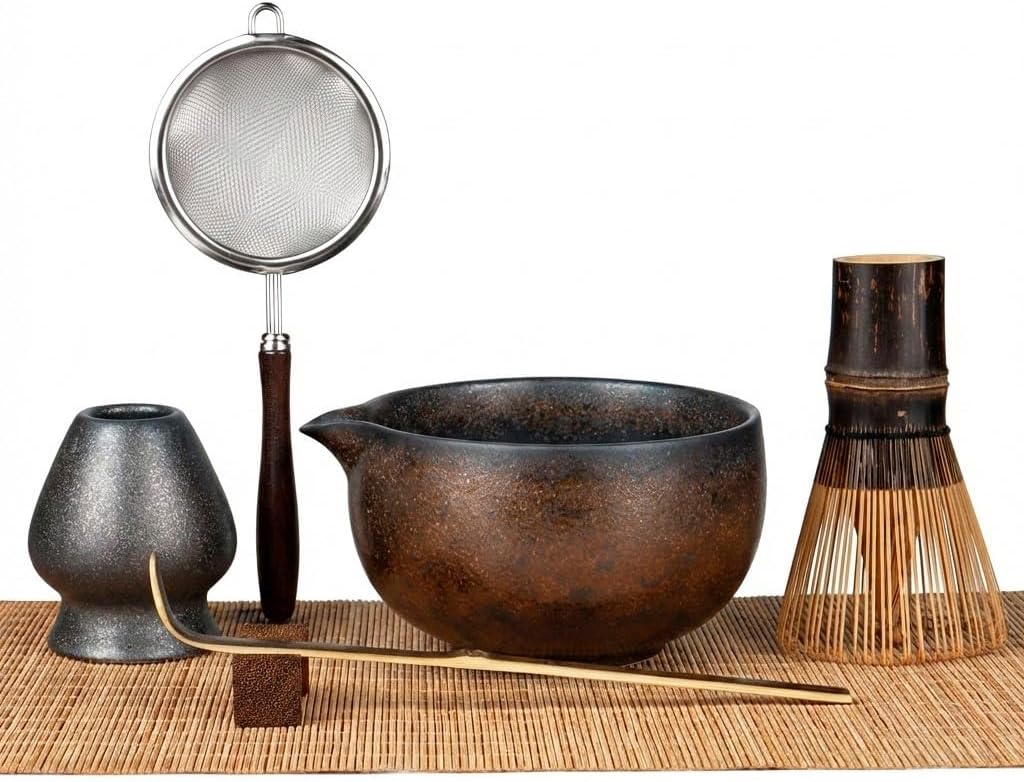 Matcha Whisk Set 7-Piece with Handmade Matcha Bowl & 100-Prong Purple Bamboo Whisk (Chasen), Complete Matcha Kit with Holder, Scoop & Rest, Bamboo Tea Mat, Gift-Ready Matcha Set