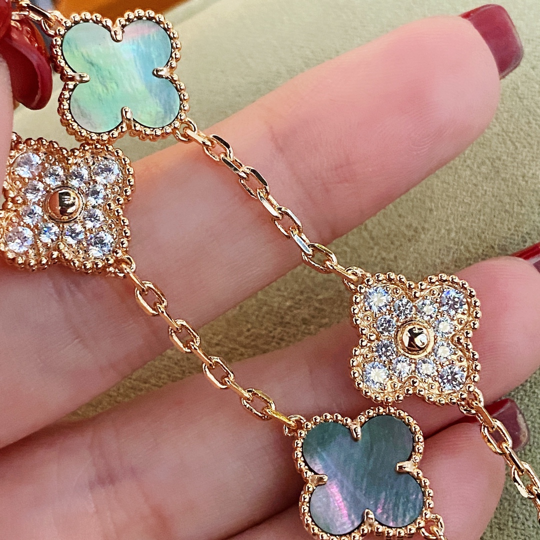 VCA Gray Mother of Pearl & Diamond Vintage Alhambra Bracelet, 5 Motifs - Original Replica Club