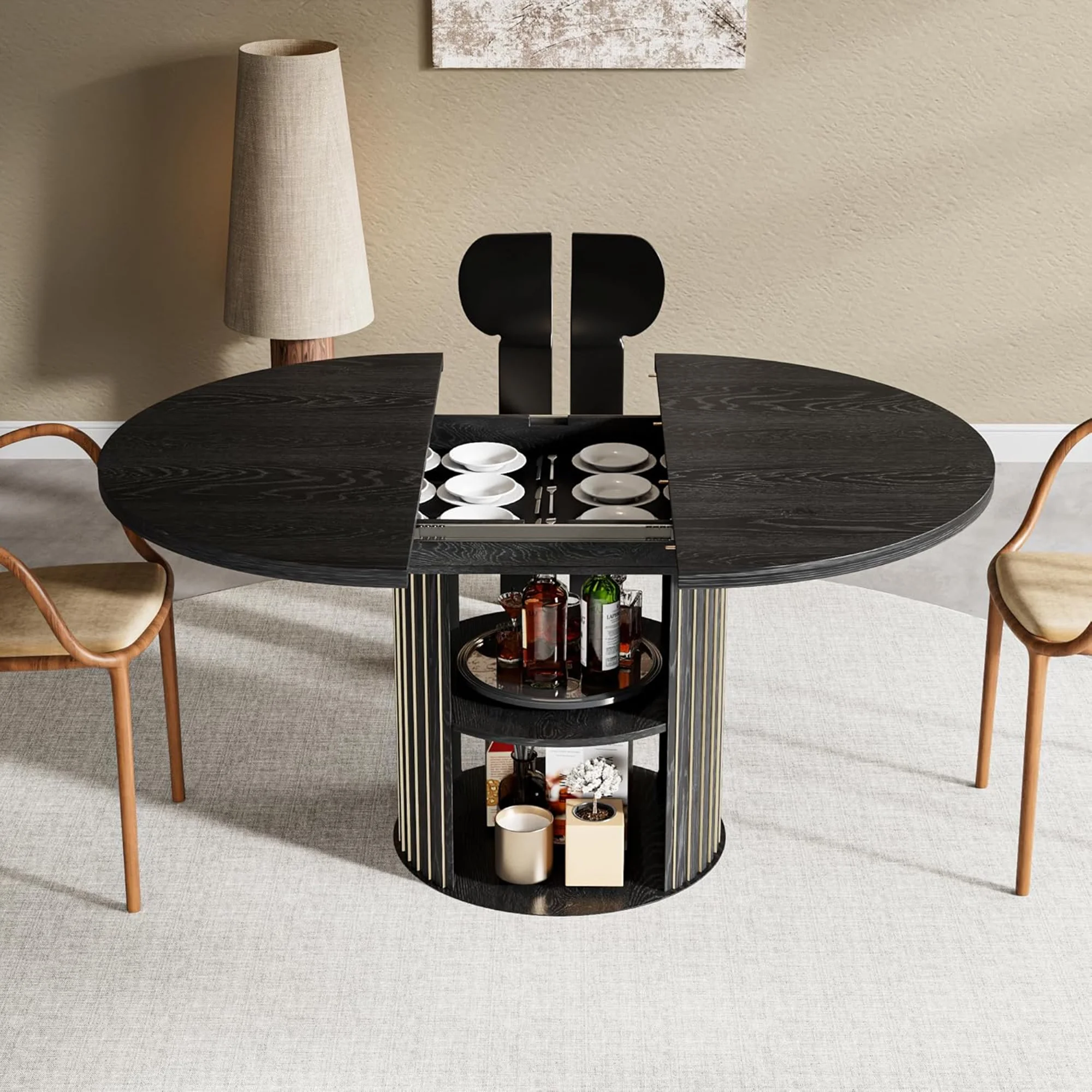 Extendable Dining Table for 4-6, Round Kitchen Table with Storage Shelf, Oval Dining Tables for Living Room (Walnut) - Image 13