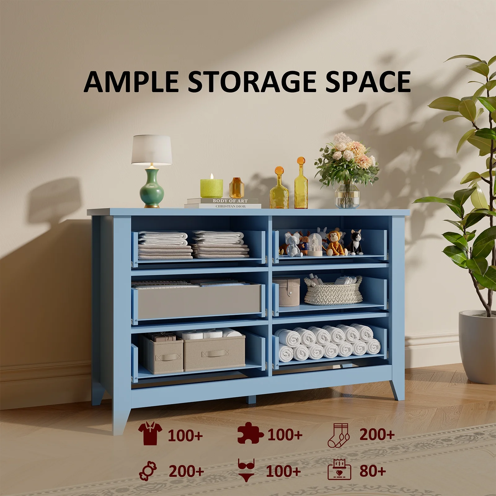 6 Drawer Dresser, Light Blue Elegant Chest of Drawers, Large Cabinet with Storage, Rustic Wood Chest of Drawers for Bedroom, Living Room, Hallway - Image 12