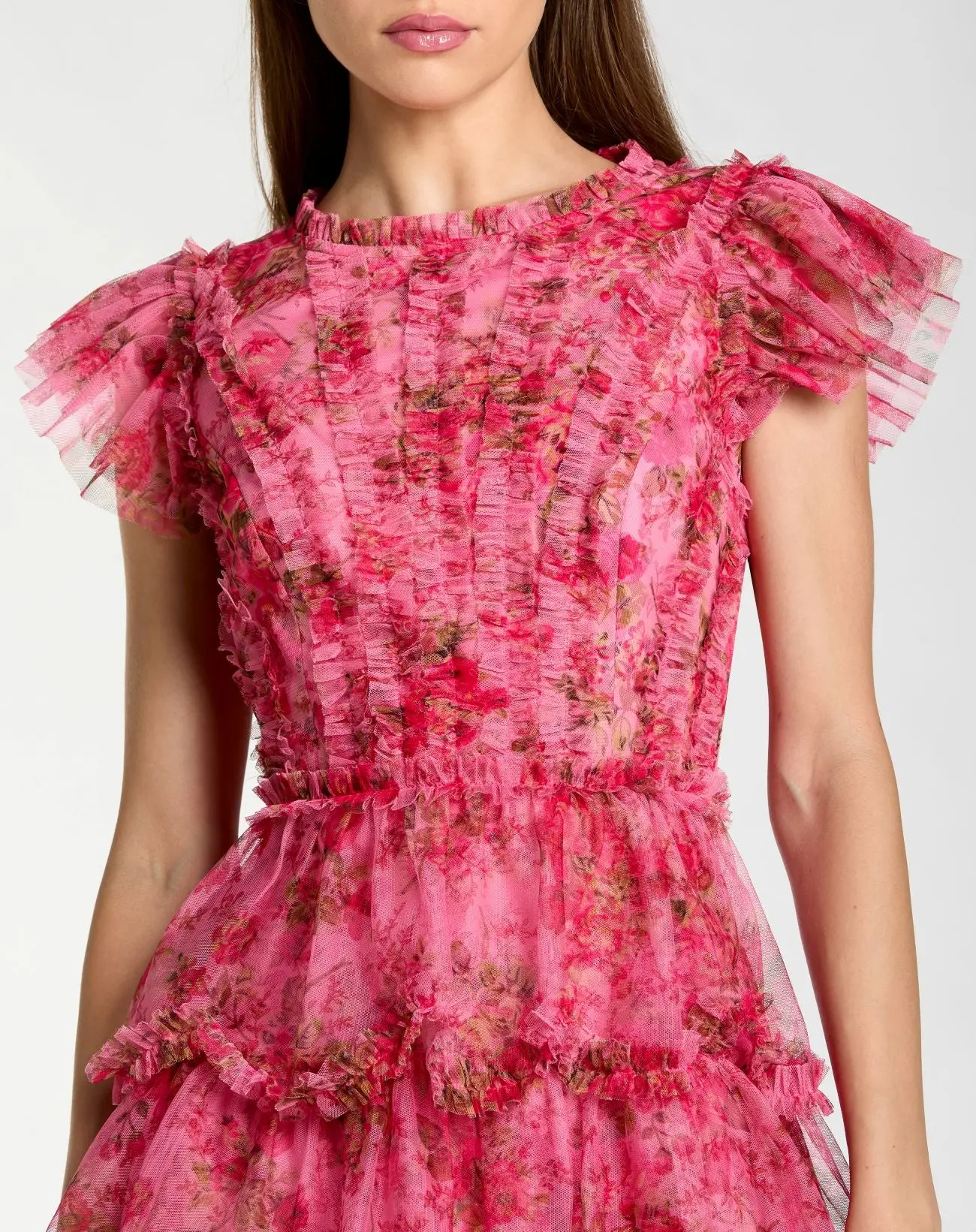 Pink Floral High Neck Cap Sleeve Ruffle Mini Dress - Special Events Unlimited