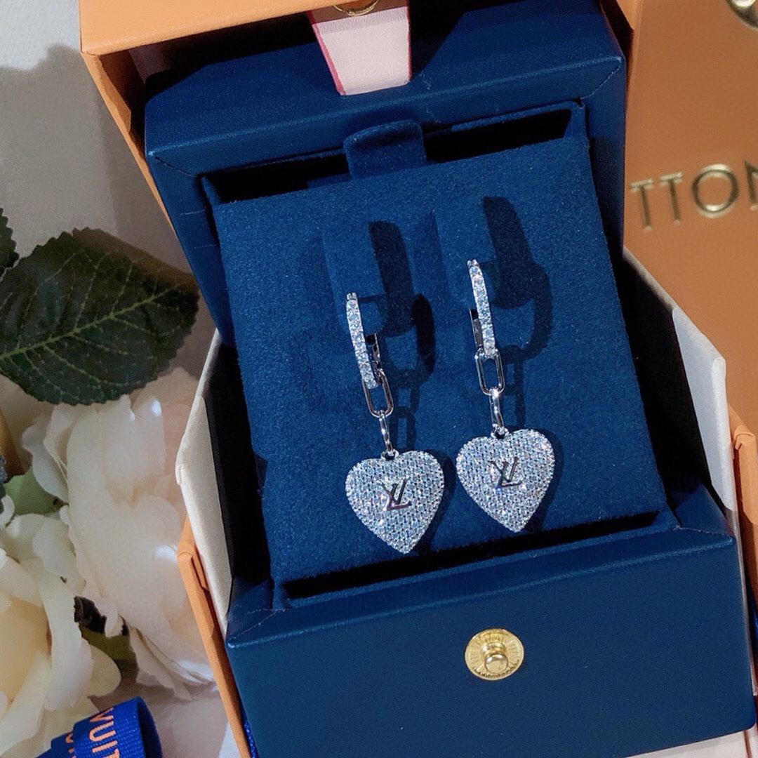 Louis Vuitton Full Diamond Hoop Heart Dangle Earrings - Original Replica Club