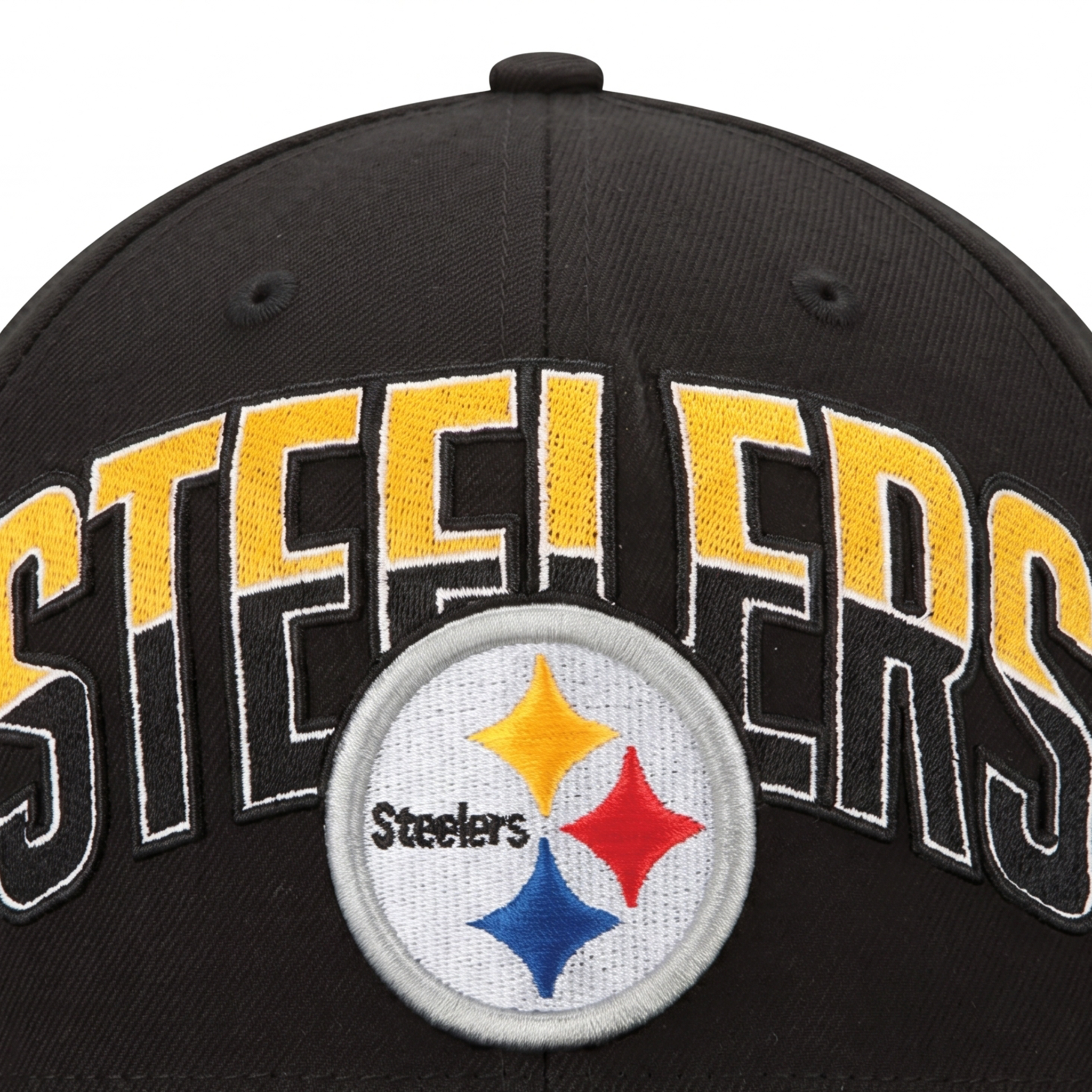 Close-up of the hat's front crown, detailing the intricate, high-quality stitching of the yellow, white, and black 